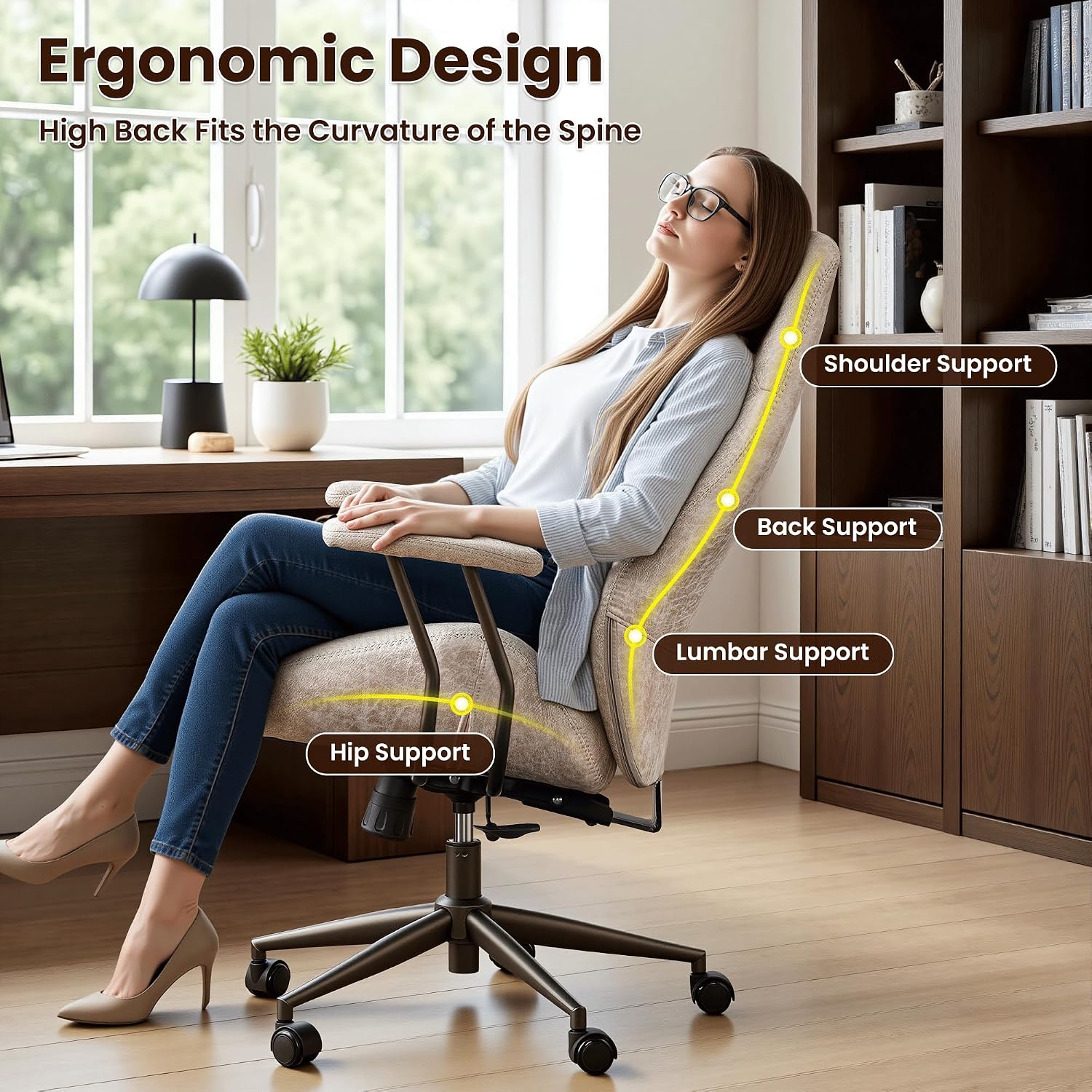 ovios Ergonomic Office Chair, High Back Faux Leather Executive Chairs with Armrests, Comfy Mid-Century Modern Swivel Rolling Computer Armchair (Beige, Suede Leather)