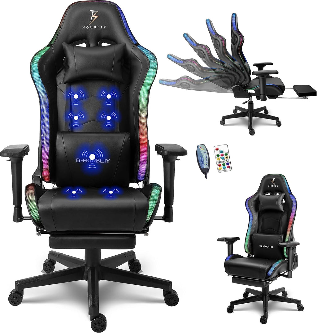 Massage Gaming Chair with Speakers, Ergonomic Pro Gaming Chair with Headrest and Lumbar Support,Reclining Computer Chair with Footrest and RGB Lights,Video Game Chair for Adults Kids.,Black