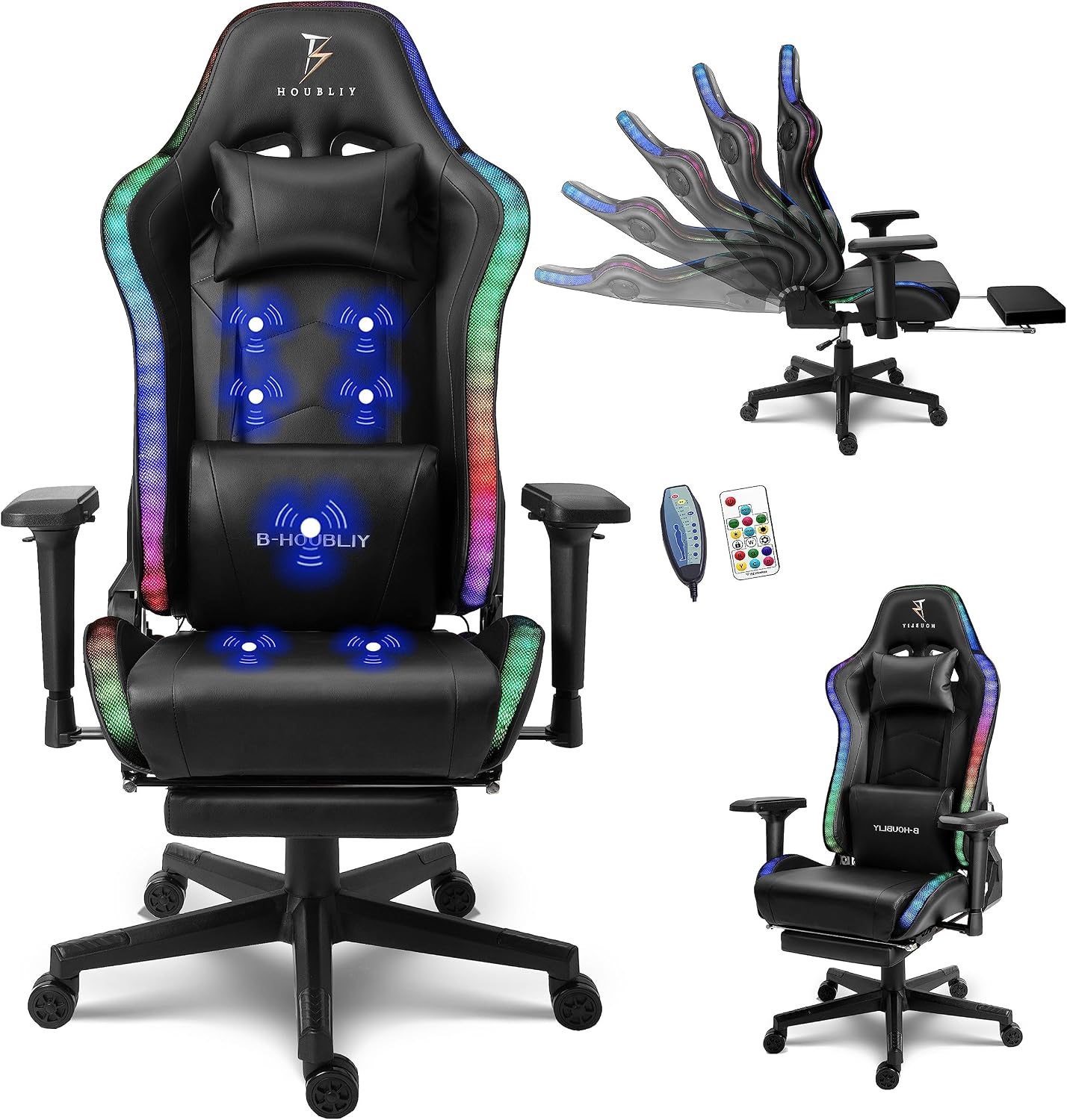 Massage Gaming Chair with Speakers, Ergonomic Pro Gaming Chair with Headrest and Lumbar Support,Reclining Computer Chair with Footrest and RGB Lights,Video Game Chair for Adults Kids.,Black