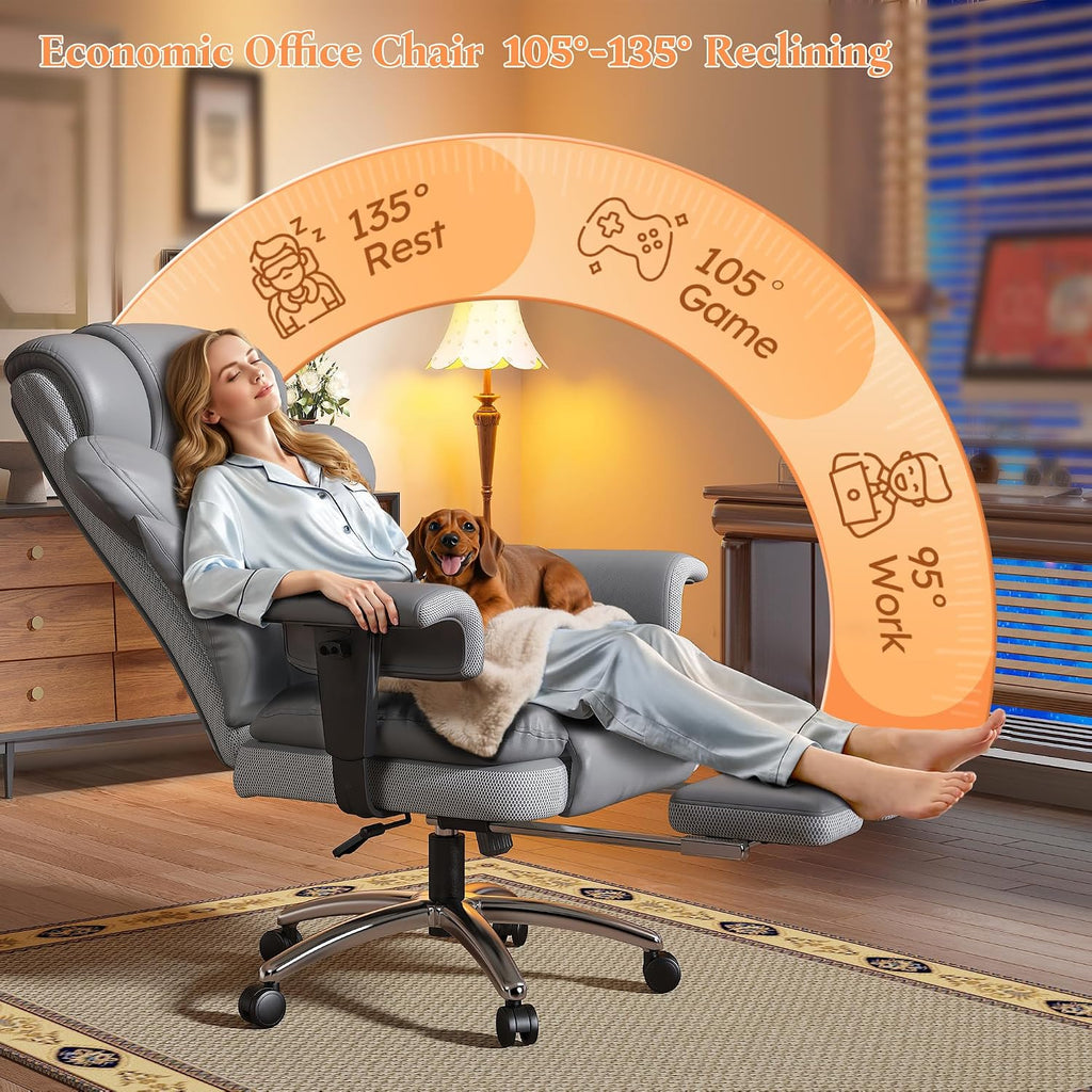 DurayLoly Office Chair with High Back,Big and Tall Executive Leather Office Chair with Foot Rest & Arms,Wide Reclining Desk Chair Ergonomic with Lumbar Support for Home Office,Grey