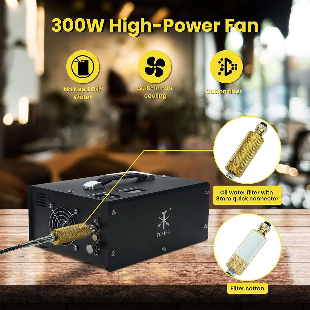 TUXING Portable PCP Air Compressor, 4500Psi/30Mpa, Auto Stop,Built-in Converter Powered by Car 12V DC or Home 110V AC,Paintball Tank Compressor with Extra Moisture-Oil Separator