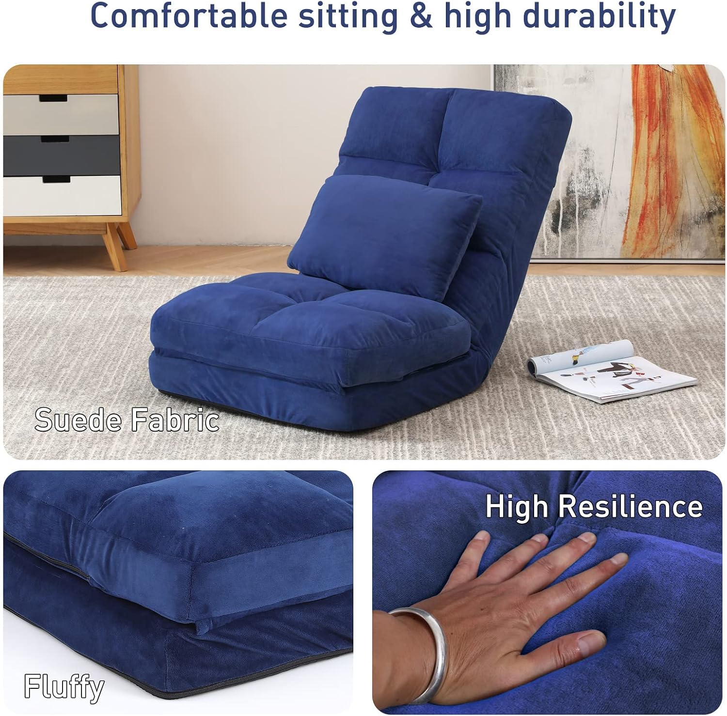Indoor Chaise Lounge Sofa, Floor Chair with Back Support for Adults, 14 Angle Adjustment Recliner Chair, Folding Floor Lounger with Pillow 8823(Blue)