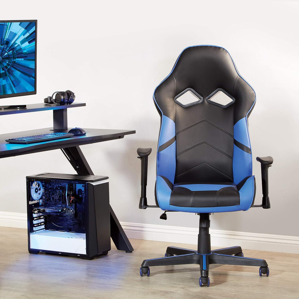 OSP Home Furnishings Vapor Ergonomic Adjustable High Back Faux Leather Gaming Chair with Coil Spring Seat and Integrated Cooling Airflow, Blue Accents