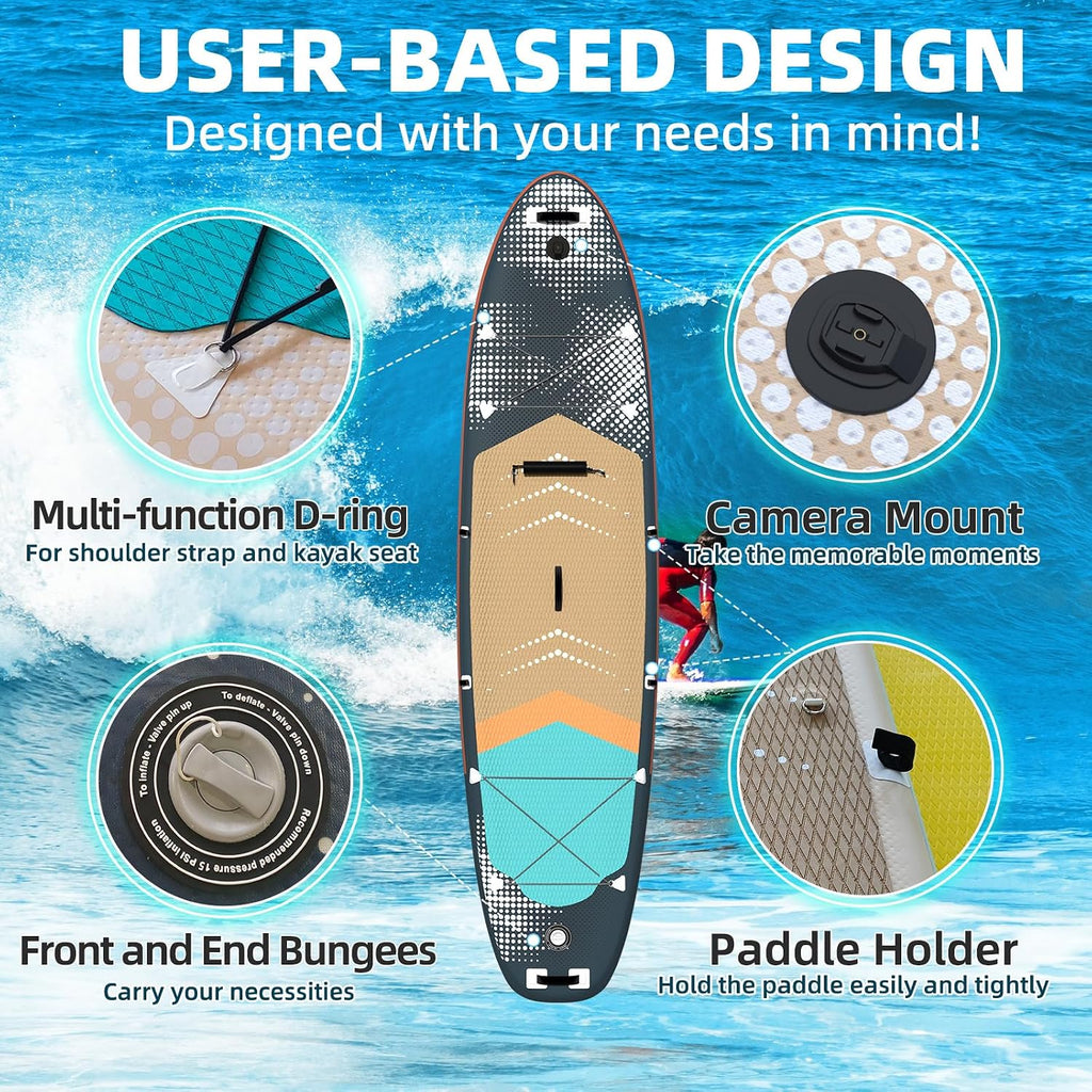Inflatable 10.5' Stand Up Paddle Board with Strapped Seat, Premium SUP Board Kit, Includes Paddle, Pump, Backpack, Waterproof Bag, Perfect for Yoga, Fishing, and Surfing, Dark Blue & Red