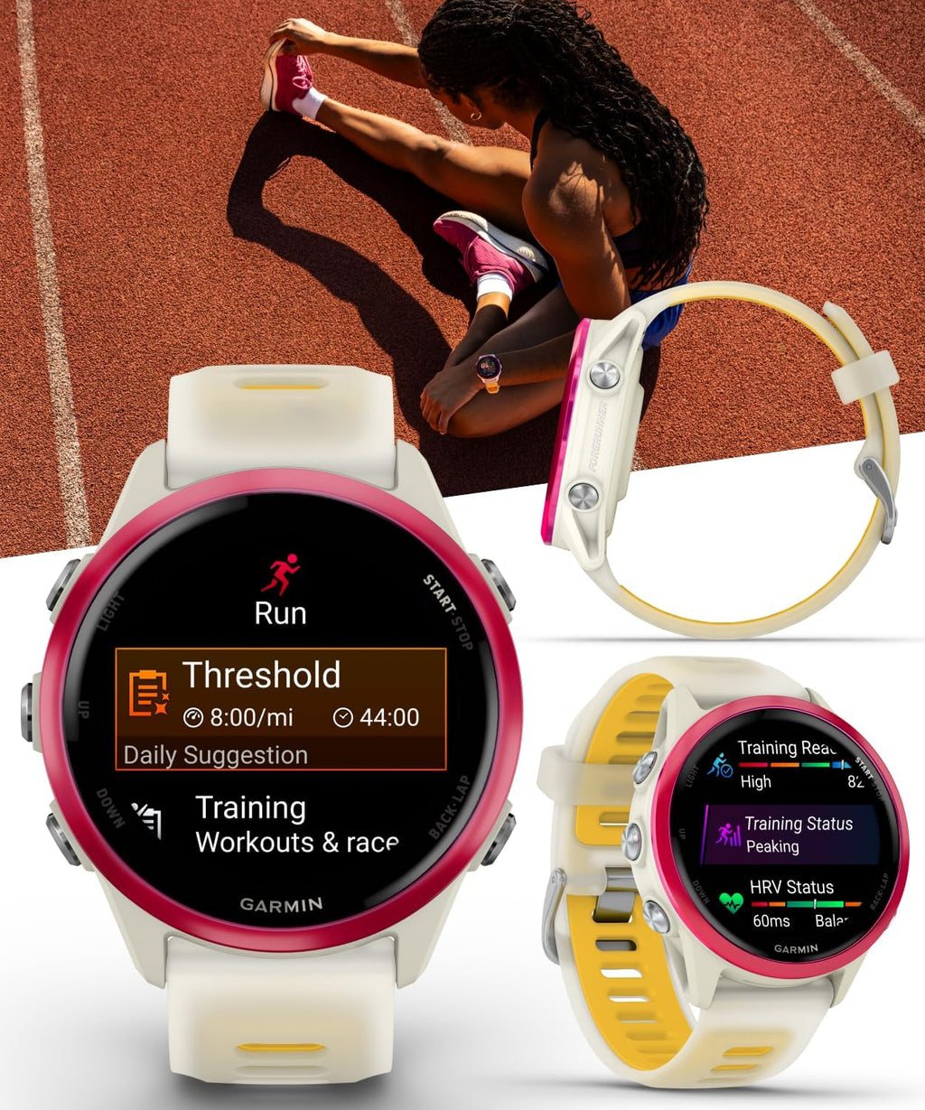 Garmin Forerunner 570 42mm Advanced GPS Running & Triathlon Smartwatch AMOLED Display Training & Recovery Features, Raspberry Aluminum w/Translucent Bone/Mango Band w/ Wearable4U White Earbuds Bundle