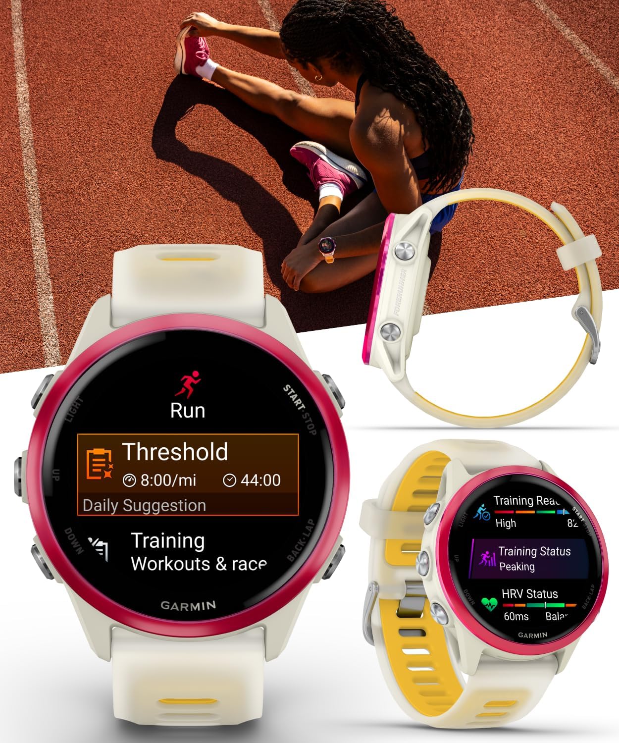 Garmin Forerunner 570 42mm Advanced GPS Running & Triathlon Smartwatch AMOLED Display Training & Recovery Features, Raspberry Aluminum w/Translucent Bone/Mango Band w/ Wearable4U White Earbuds Bundle