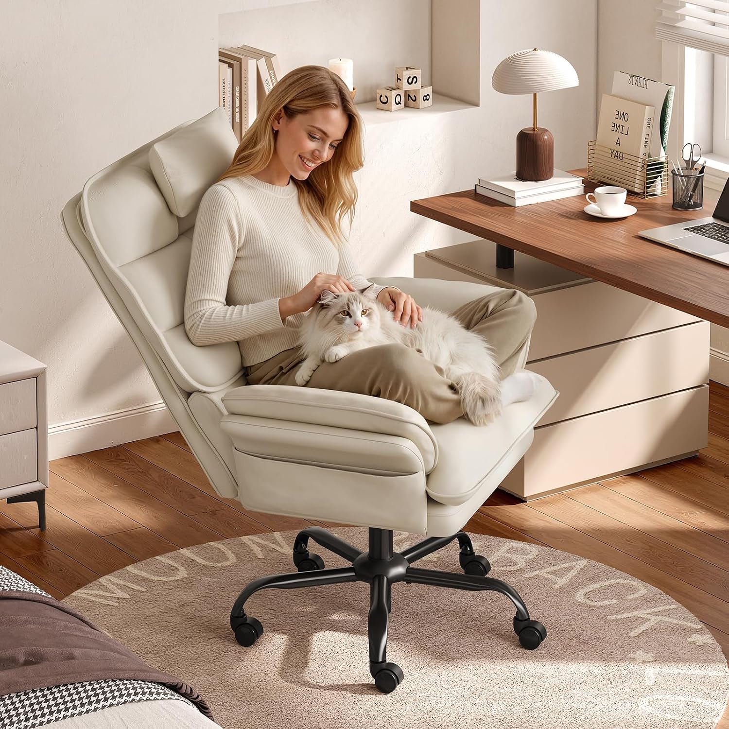 Bestier Cross Legged Office Chair Criss Cross Chair with Adjustable Arms 135° Reclining PU Leather Executive Chair with Wheels Big and Tall Computer Desk Chair for Home Office Beige