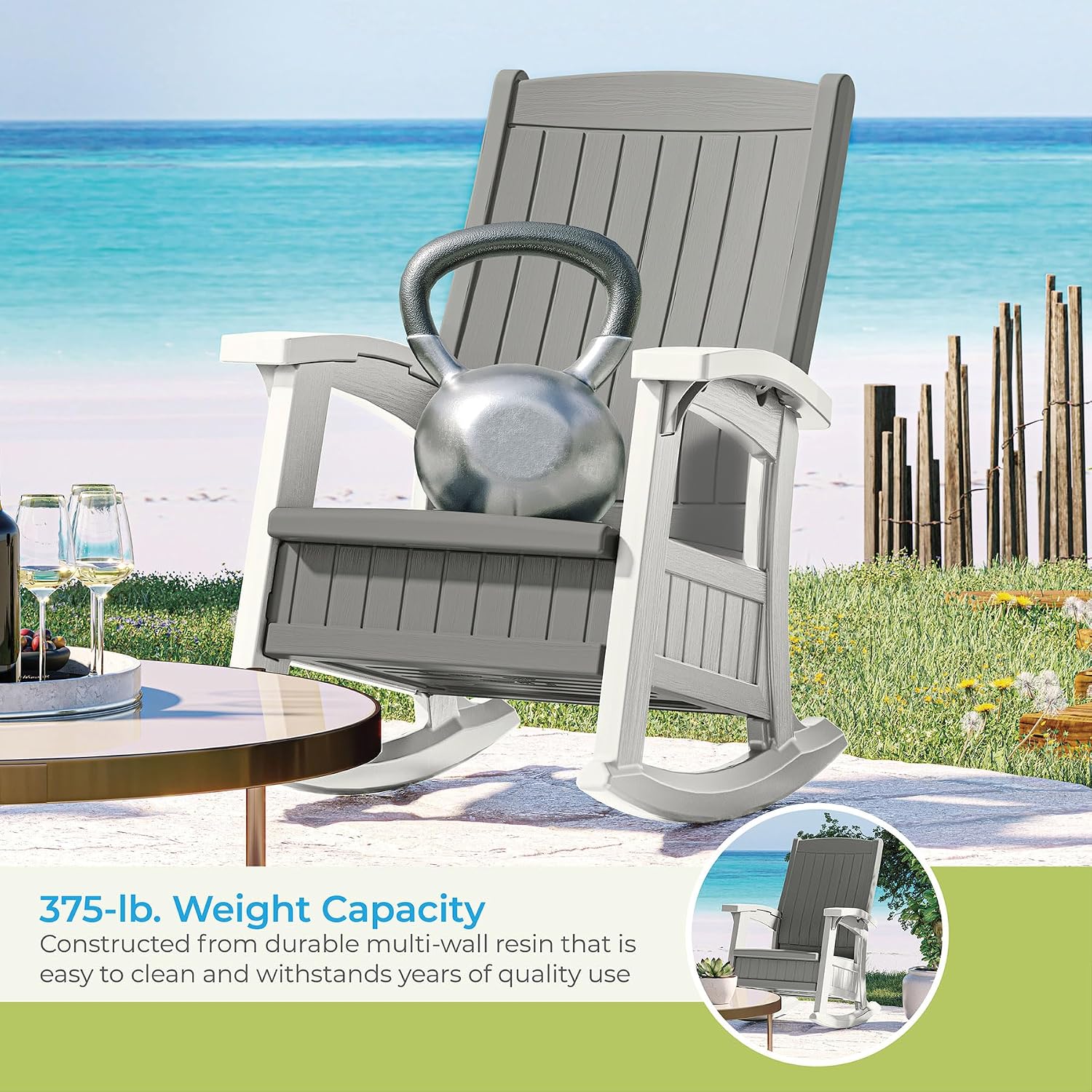 Suncast Outdoor Patio Rocking Chair with Under-Seat Storage, Stylish Faux Wood Outdoor Rocker for Patios, Dove Gray and Ice Cube, Made in The USA