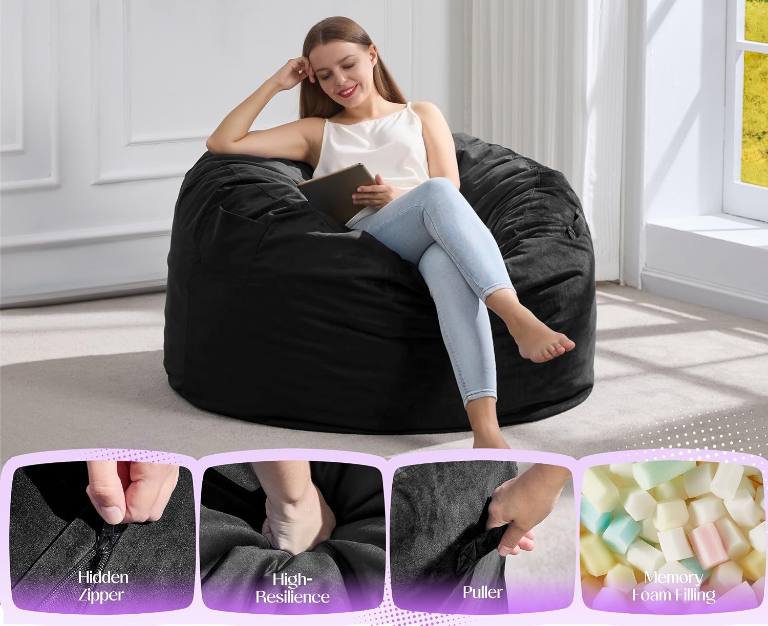 Hobestluk Giant Bean Bag Chair Bed for Adults, Large Bean Bags with High-Density Foam Filling, Convertible Big Sofa Bed Couch for Living Room, Bedroom, Playroom (Black, Twin)