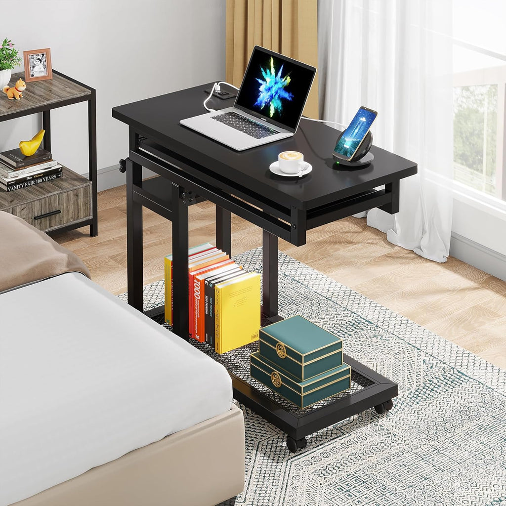 Tribesigns Small Portable Desk with Power Outlet, Height Adjustable Sofa Couch Bedside Laptop Table with Wheels, Mobile Standing Desk Rolling Computer Cart C Side Table with USB Ports