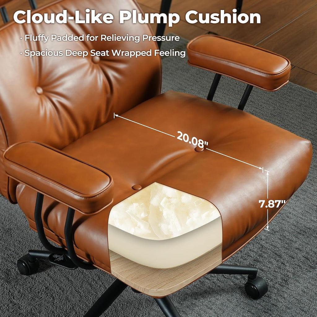 ovios Ergonomic Office Chair, High Back Faux Leather Executive Chairs with Thick Cushion, Comfy Mid-Century Modern Swivel Rolling Computer Armchair (Brown, PU Leather)