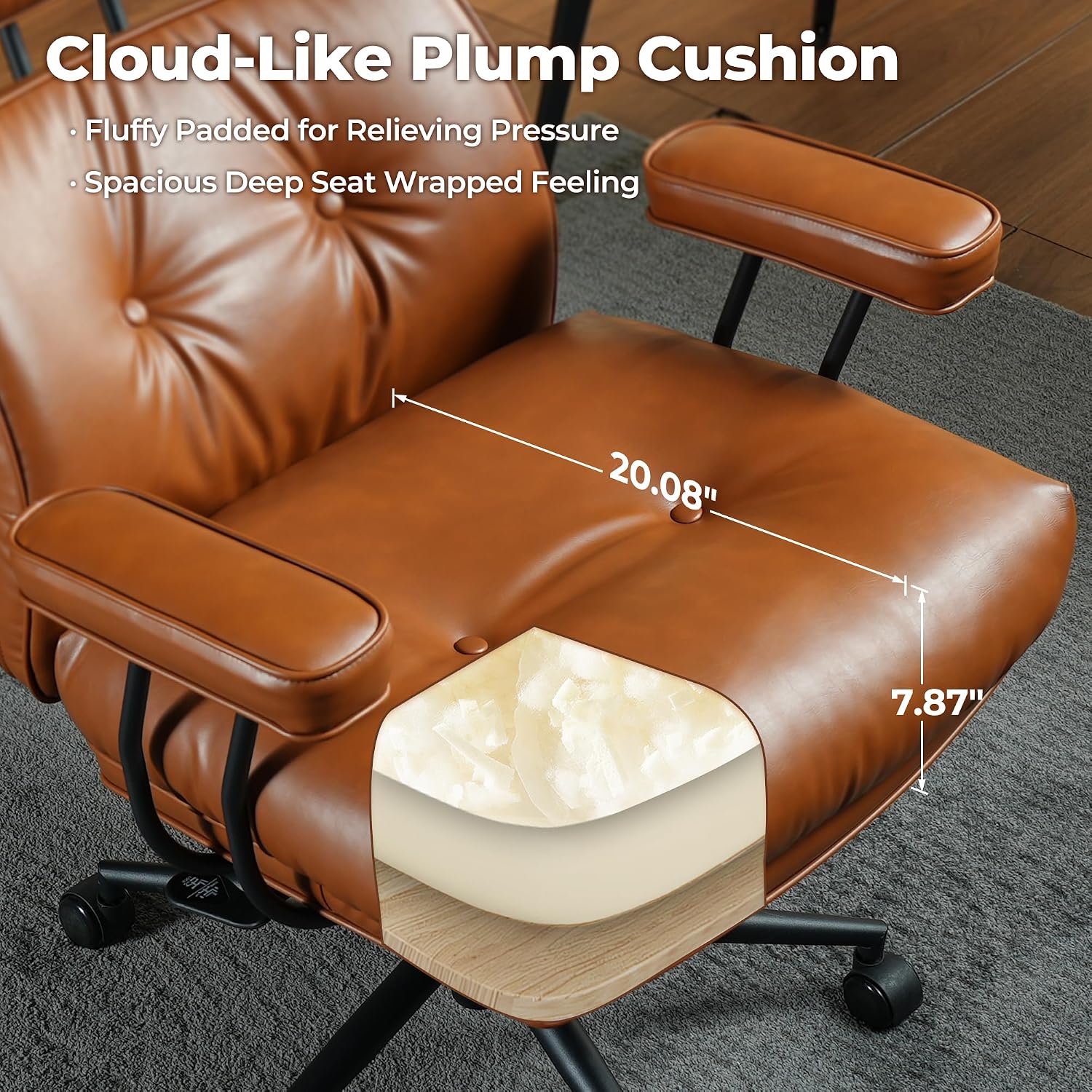 ovios Ergonomic Office Chair, High Back Faux Leather Executive Chairs with Thick Cushion, Comfy Mid-Century Modern Swivel Rolling Computer Armchair (Brown, PU Leather)