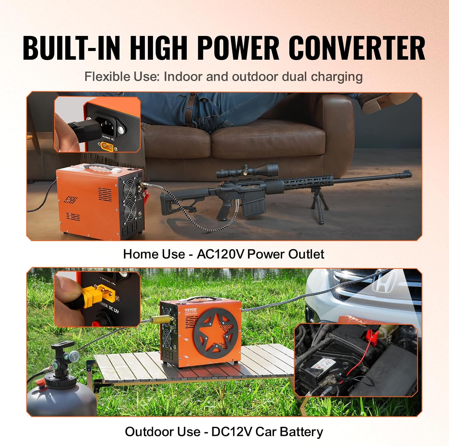 VEVOR PCP Air Compressor, 4500PSI/30Mpa Portable PCP Airgun Compressor with Built-in Power Converter, Auto-Stop | DC12V/AC120V | Oil & Water-Free Air Rifle, Paintball and Scuba Tank Compressor Pump