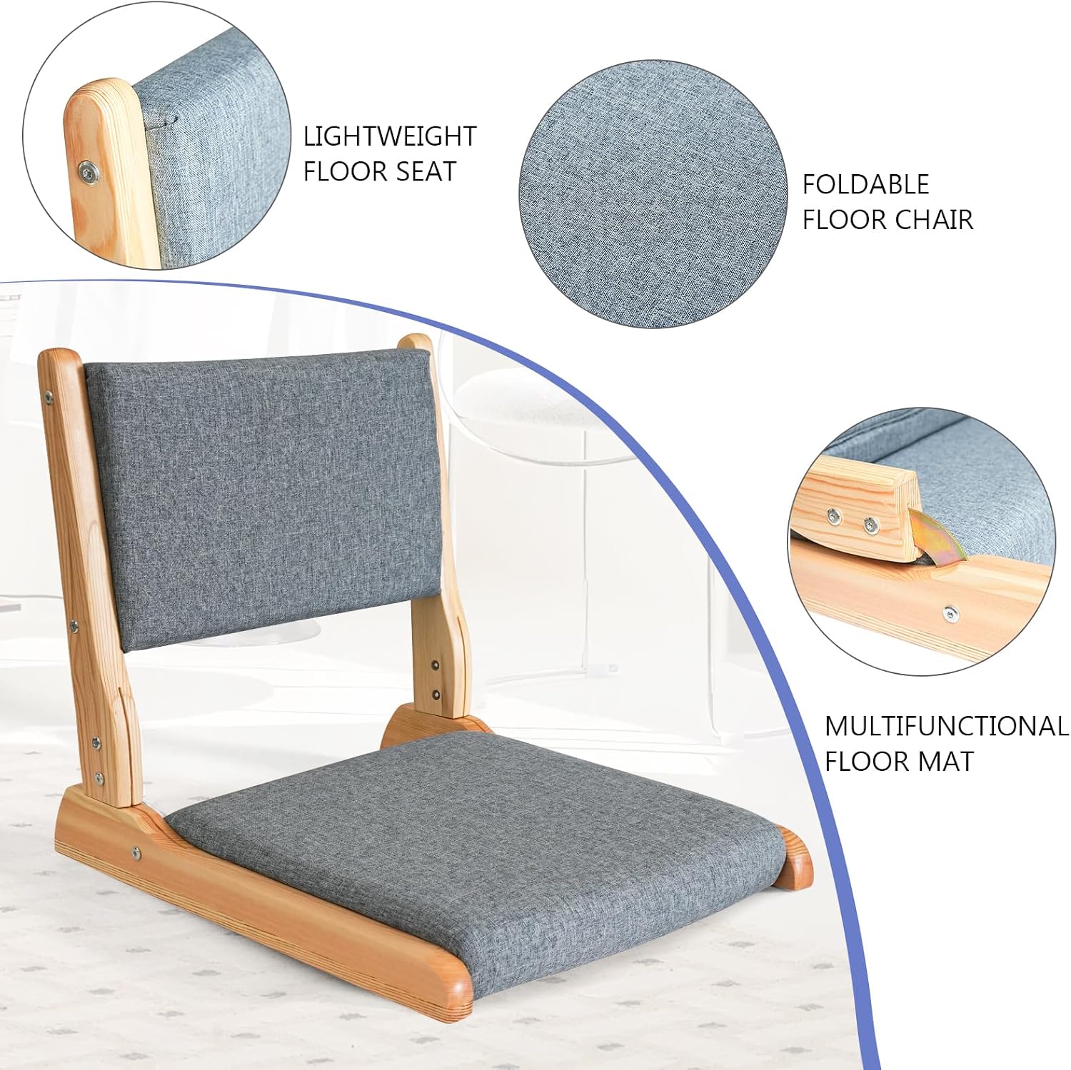 Japanese Floor Chair with Back Support, Foldable Meditation Chair, Legless Tatami Chair with Cushion, Floor Seat for Living Room, Bedroom, Bay Window (2, Dark Gray)