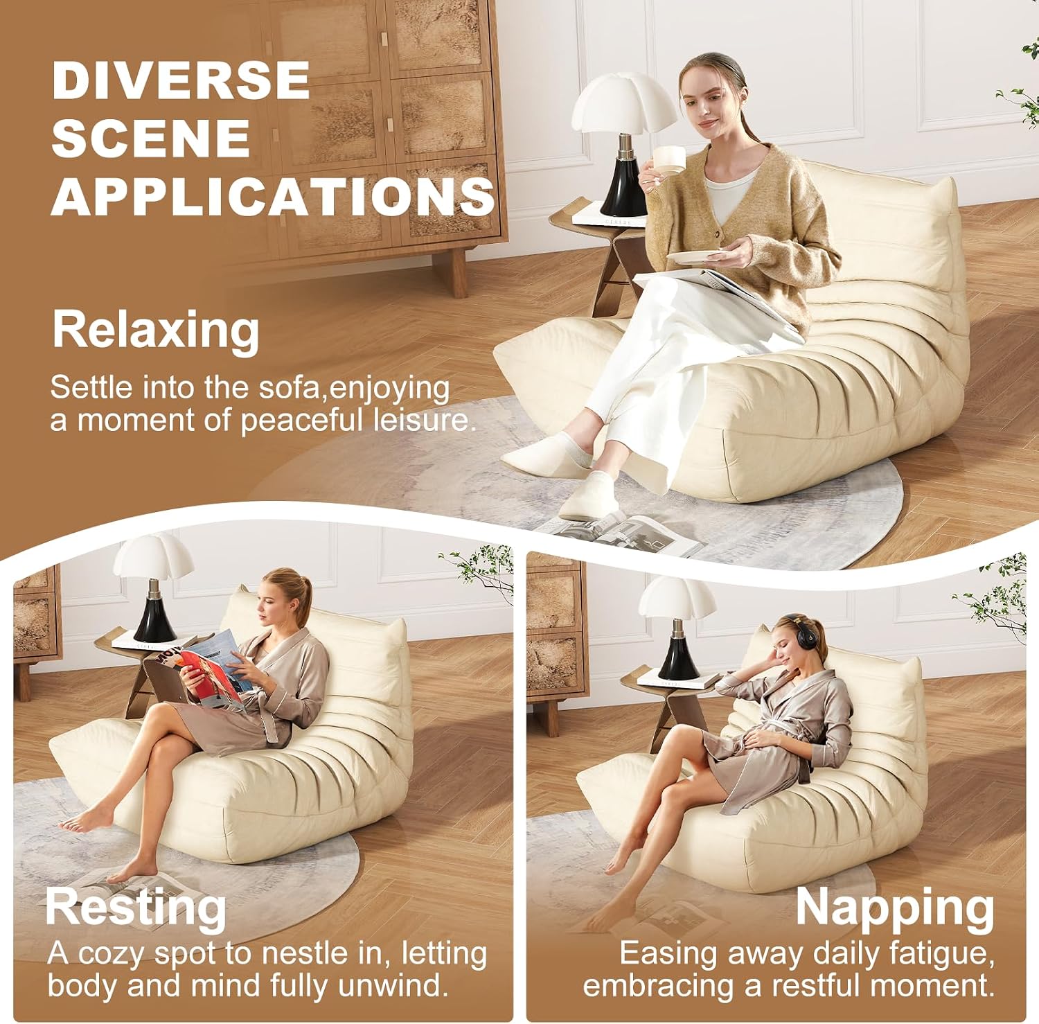 Snug Sofee Bean Bag Chair for Adults, Lazy Floor Sofa Couch - Adult Size with Soft Waterproof Fabric for Living Room, Apartments, Reading Corner, Gaming, and Movie Venue (White)