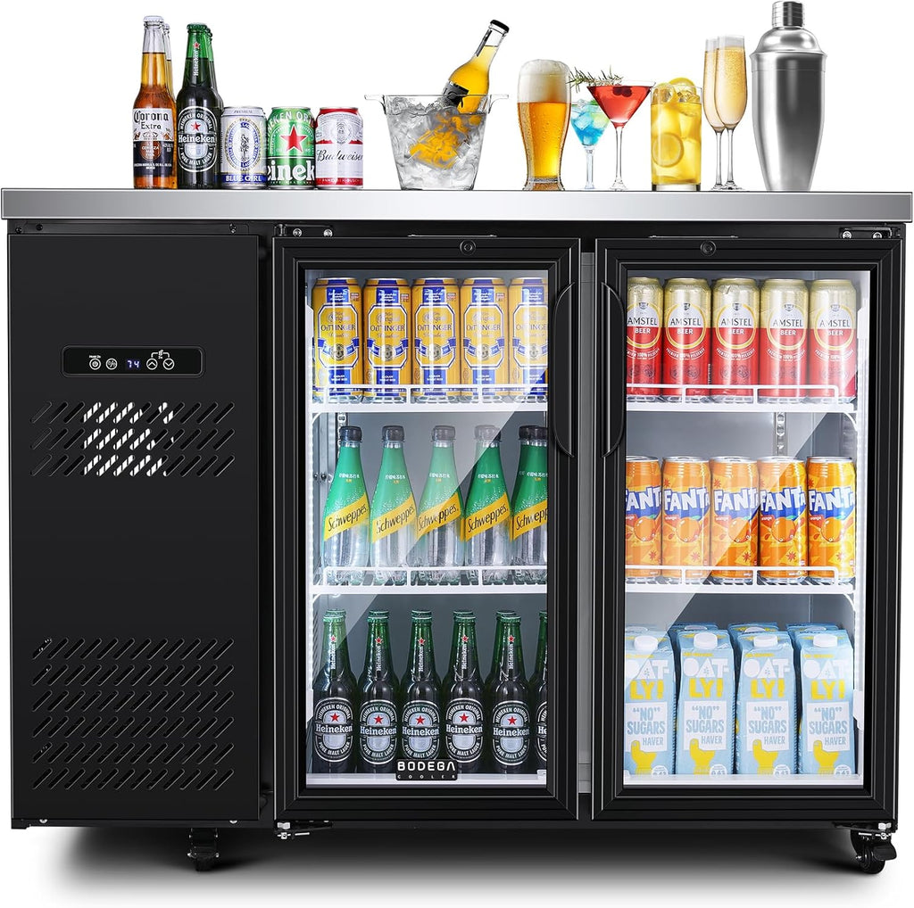 BODEGACOOLER Commercial Back Bar Cooler with 2 Glass Doors,12 Cu.Ft Stainless Steel Commercial Counter Height Bar Refrigerator,Display Drink Beverage Beer Fridge LED Lighting,SUS304 Top,4 Casters