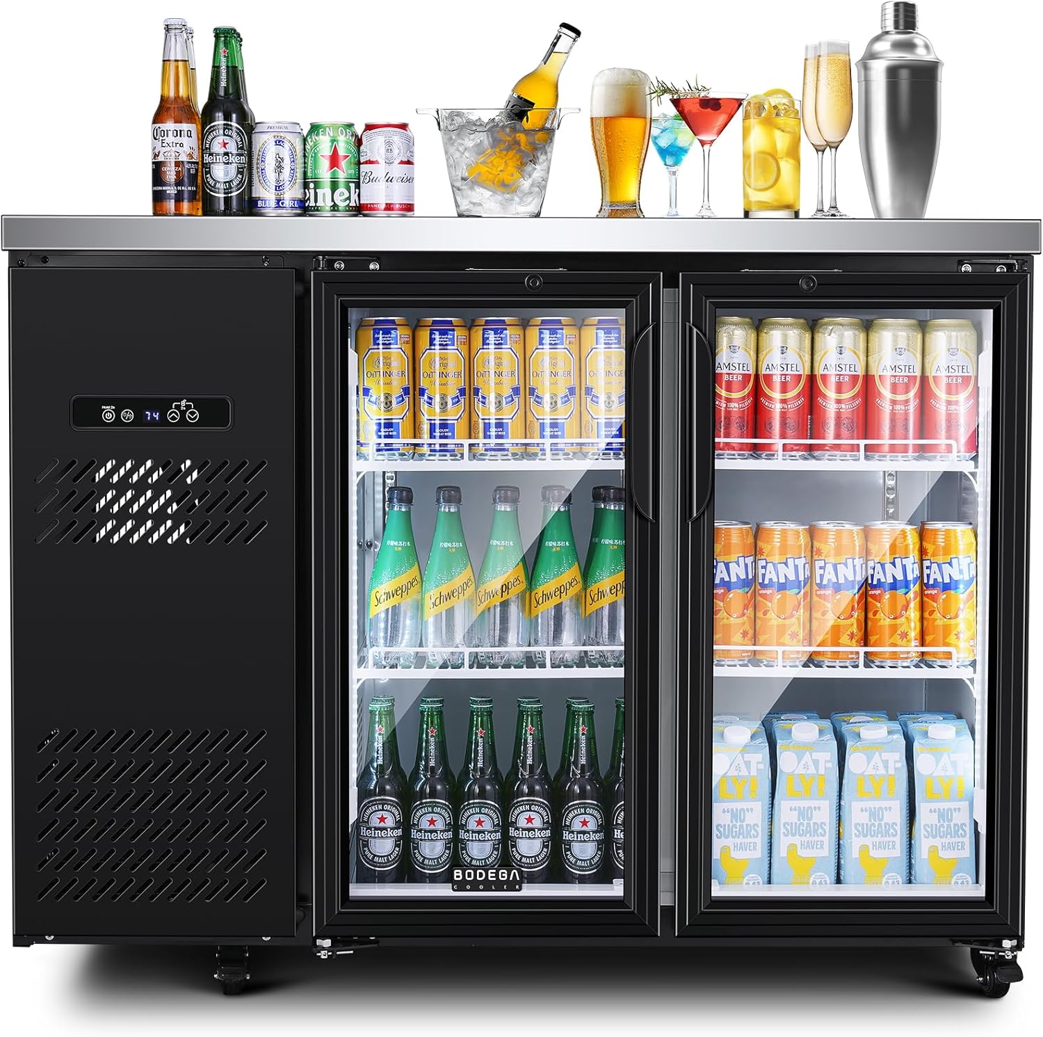 BODEGACOOLER Commercial Back Bar Cooler with 2 Glass Doors,12 Cu.Ft Stainless Steel Commercial Counter Height Bar Refrigerator,Display Drink Beverage Beer Fridge LED Lighting,SUS304 Top,4 Casters