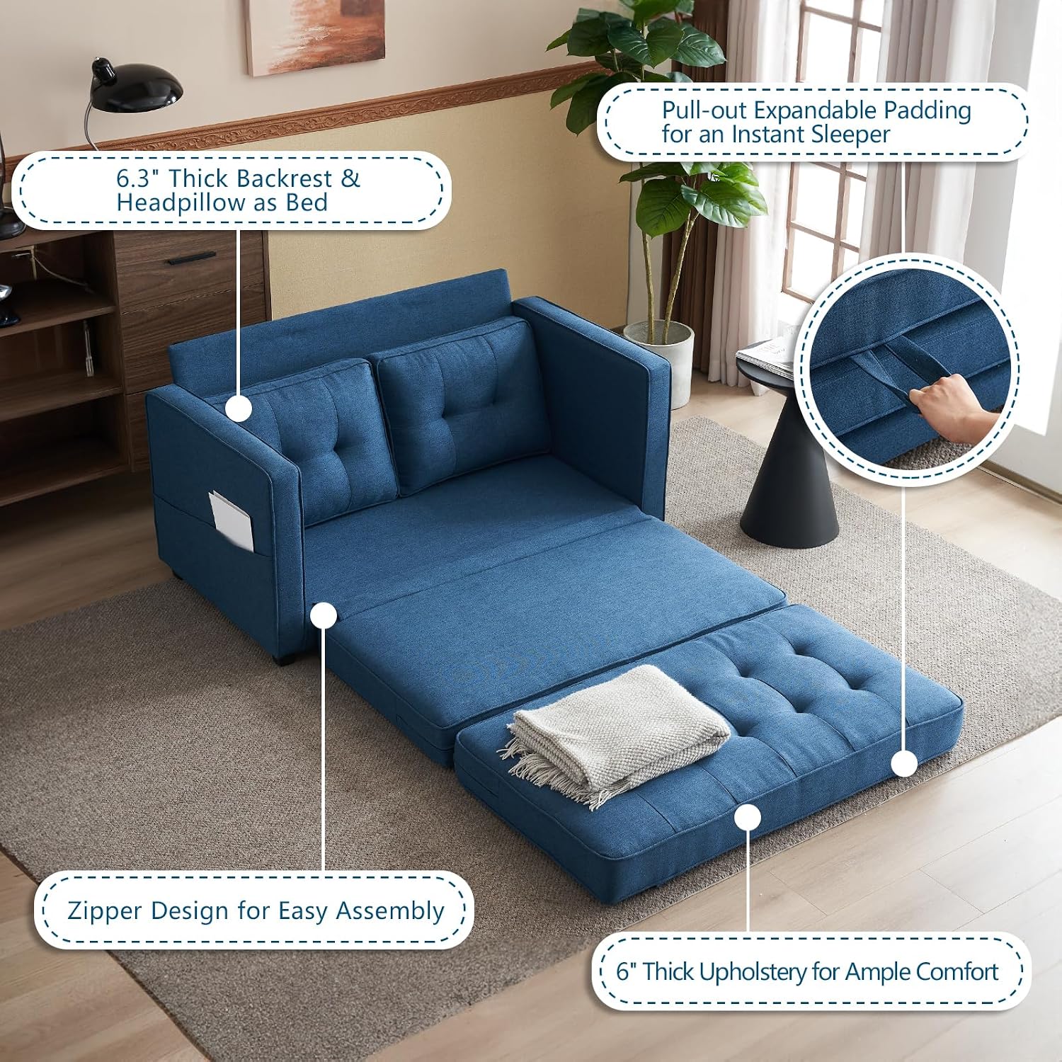 VINGLI Upgraded Loveseat Sleeper, 53.5' W 80' L Convertible Sofa Bed Couch Futon Couches for Living Room, Folding Couch Bed for Small Spaces, Foldable Floor Gaming Sofa Bed for Basement, Navy Blue
