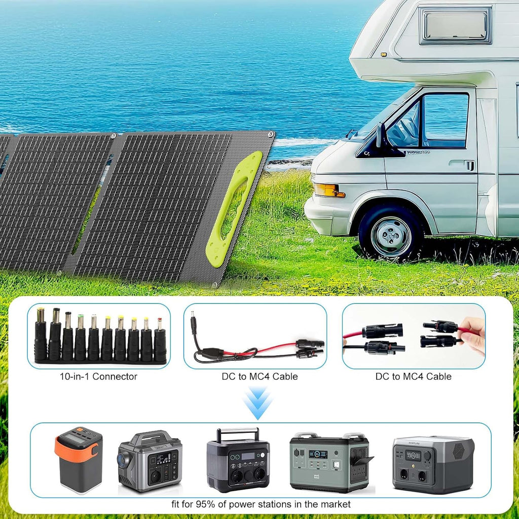 100W Foldable Solar Panel kit with Controller,Portable Solar Charger for Portable Power Station,Phone,Laptop,with M-C4 to DC5525 Output,USB-C,USB-A Port When Camping Fishing Van RV Road Trip
