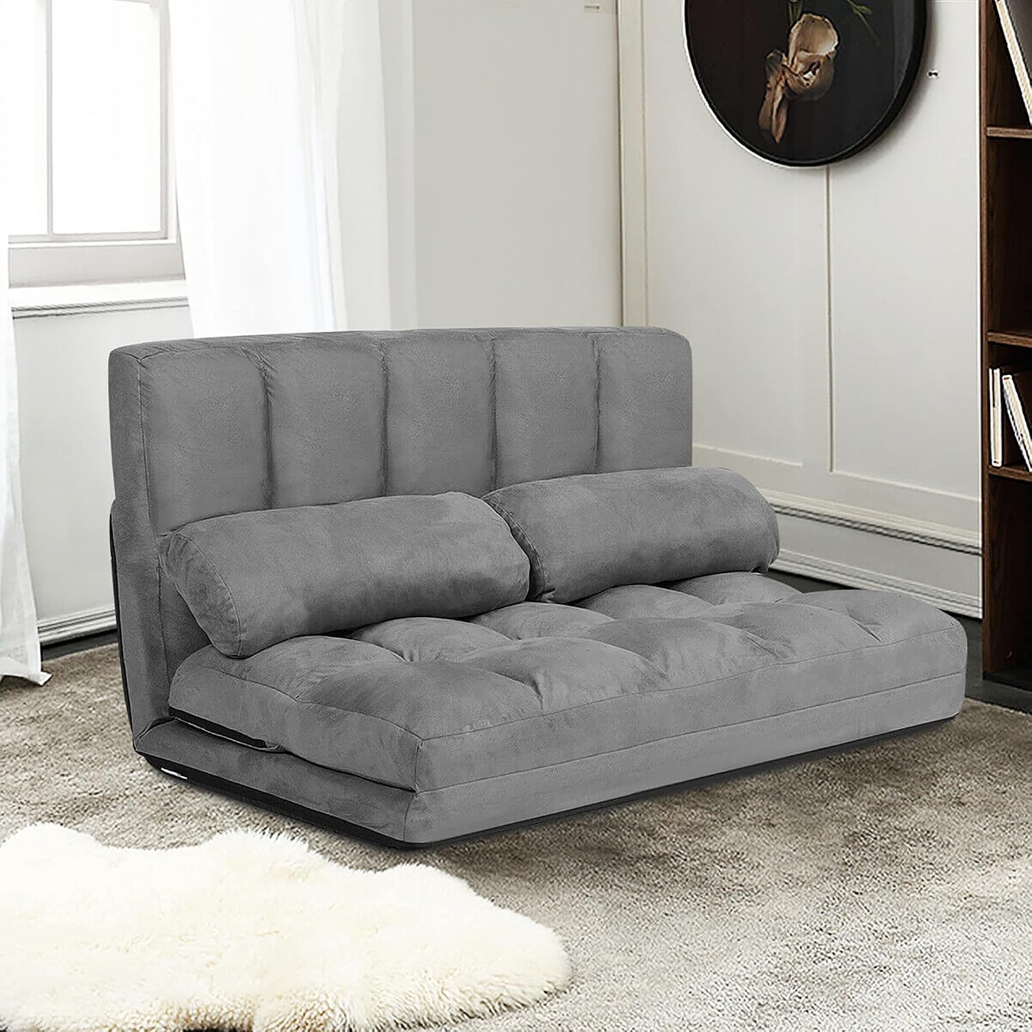 DORTALA Foldable Floor Sofa, 6-Position Adjustable Lounge Couch with 2 Pillows & Suede Cloth Cover, Modern Lounge Mattress Video Gaming Lazy Couch, Floor Seating Sofa, 71' x 44.5', Grey