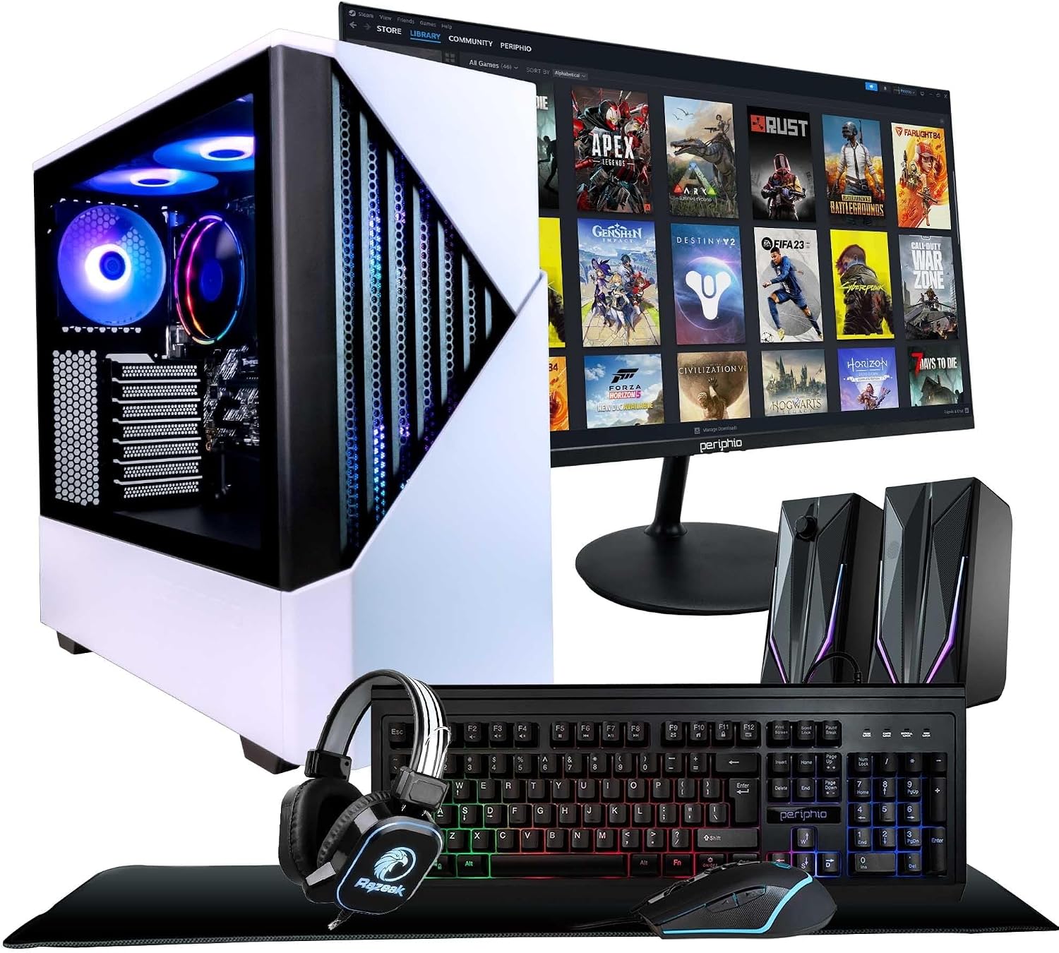 Periphio Castle Gaming PC, AMD Ryzen 5 5600GT up to 4.6GHz with Radeon Vega 7 Graphics, 32GB RAM, 1TBNVMe SSD, WiFi, Windows 11 Home, Black, 1080p Gaming Computer - Full RGB Gamer Bundle, 24' Monitor