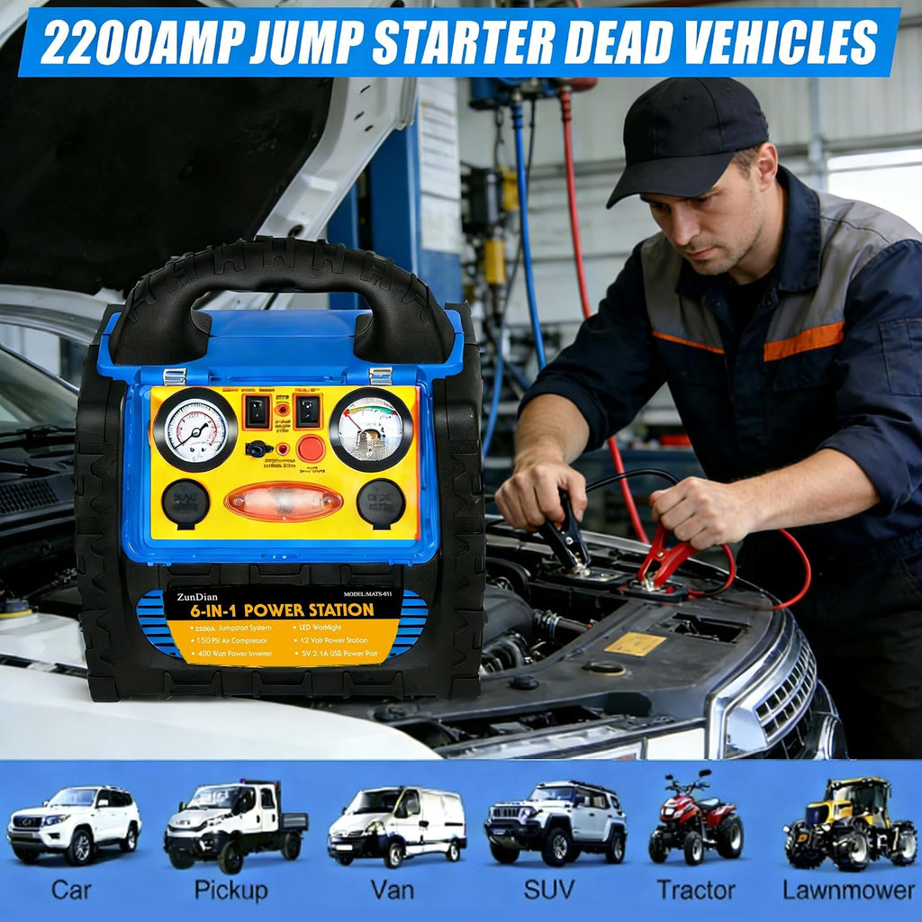 2200A Car Jump Starter with Air Compressor 260PSI, 12V Auto Battery Charger Jump Box for Car Battery Portable with 400W Inverter AC/DC/USB Output and LED Light