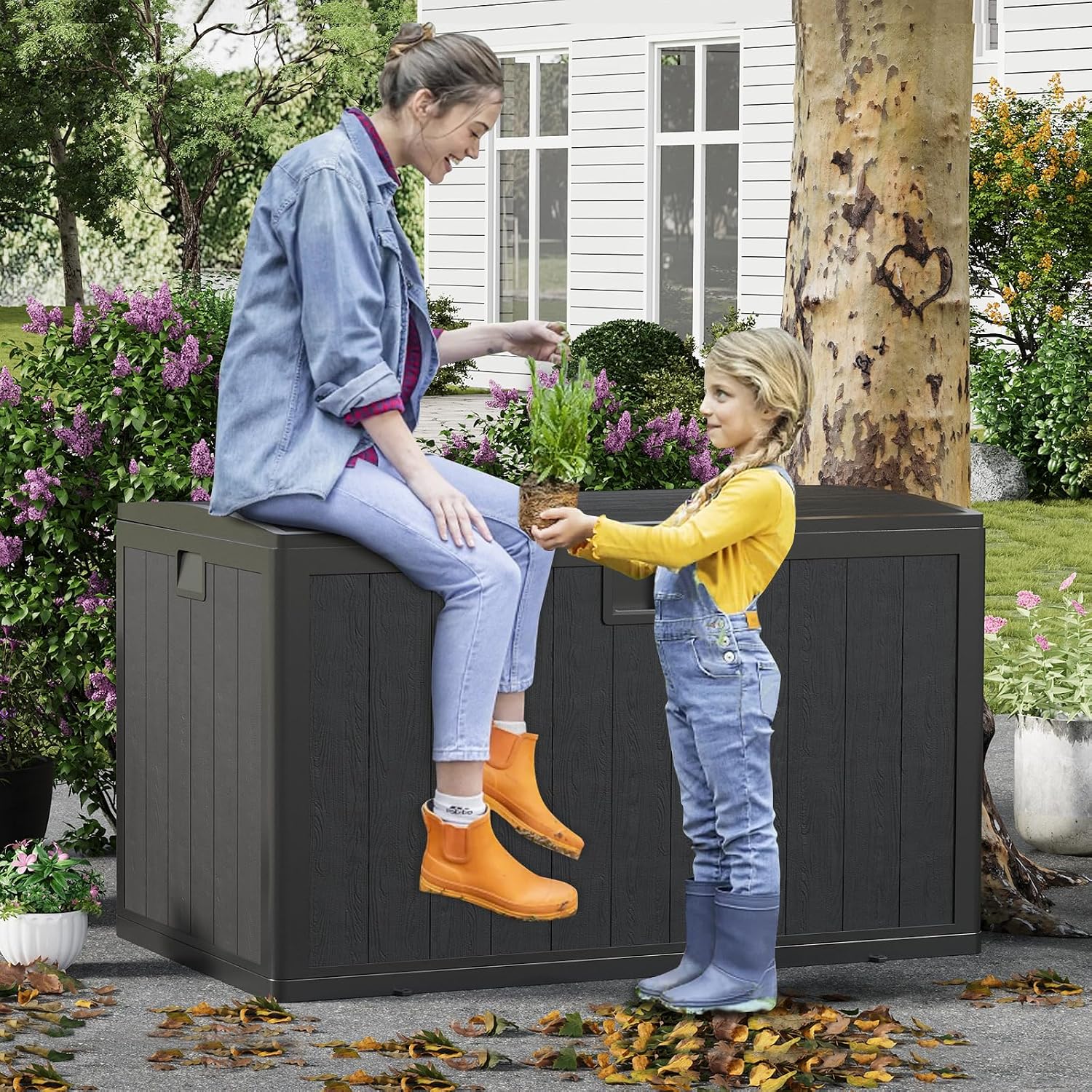 130 Gallon Indoor & Outdoor Storage Box, Lockable Resin Deck Boxes Waterproof with Lid& Side Handles for Garden Pool Accessories, Patio Cushions, Backyard Furniture, Black.