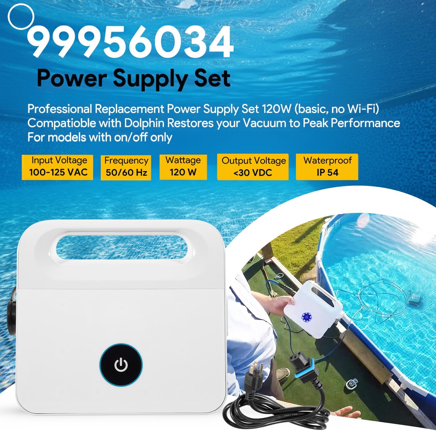 99956034 Power Supply Replacement for Dolphin Active 10,E10,E20,Cayman,Echo,Encore,Escape,S50,Saturn,Solo,T15,Premium 10/20,Prowler 910 Robotic Pool Cleaner, 99956034US-ASSY, W/ 5898412LF Power Cord