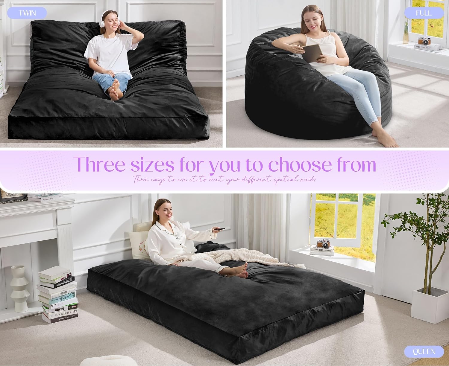 Hobestluk Giant Bean Bag Chair Bed for Adults, Large Bean Bags with High-Density Foam Filling, Convertible Big Sofa Bed Couch for Living Room, Bedroom, Playroom (Black, Twin)