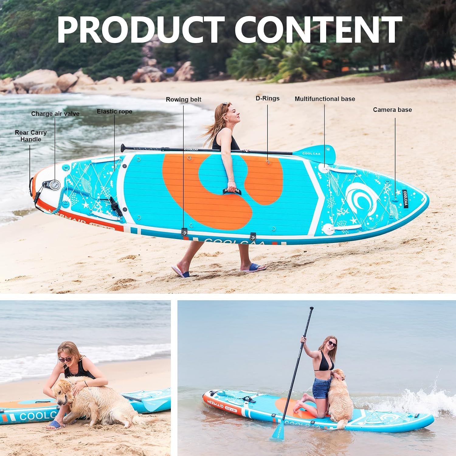 COOLCAA Mermaid 11'6' x 34' Extra Wide Inflatable Paddle Board, 490Lbs Capacity, Stable SUP for Family and Beginners, Perfect for Fishing & Water Activities, with Accessories & Backpack