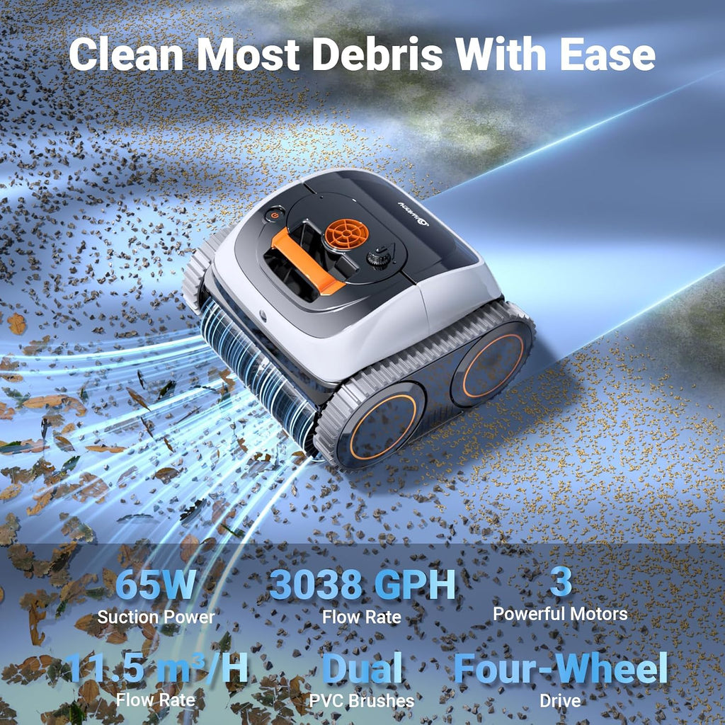 Pool Vacuum for Inground Pools, 4-in-1 Cordless Robotic Pool Cleaner for Above Ground Pools,Triple-Motors,Wall & Waterline Cleaning, App Support, OTA Upgrade up to 1,614 Sq.ft (White Orange)