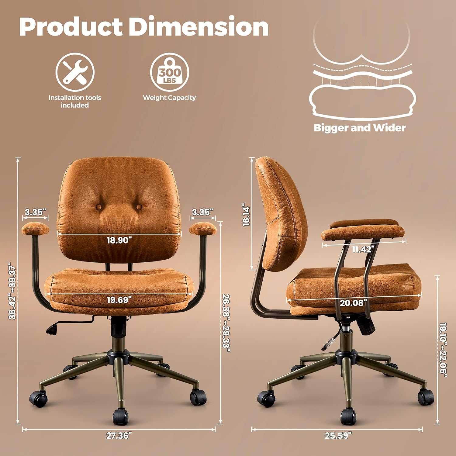 ovios Ergonomic Office Chair, Mid Back Faux Leather Executive Chairs with Thick Cushion, Comfy Mid-Century Modern Swivel Rolling Computer Armchair (Brown, Suede Leather)