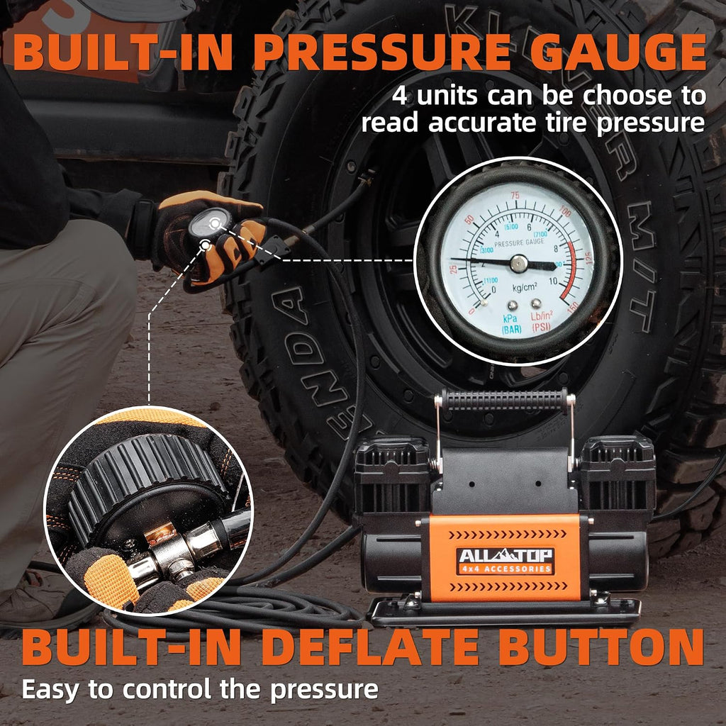 ALL-TOP Air Compressor Kit, Dual Cylinder 12V Portable Inflator 12.35 ft³/Min, Offroad Air Compressor Pump for Truck Tires, Heavy Duty Max 150 PSI for 4x4 Vehicle & RV