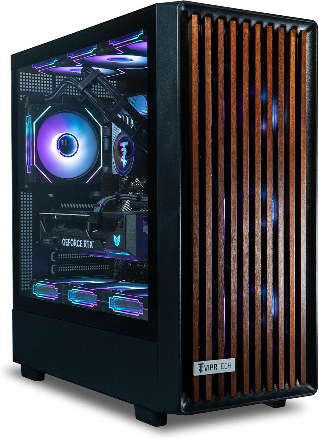 ViprTech Overlord 2.0 Liquid-Cooled PC - AMD Ryzen 7 5700X (4.6Ghz Turbo), AMD RX 9060 XT 16GB, 32GB DDR4 RAM, 1TB SSD, Black Wood Case, RGB Keyboard Mouse, VR-Ready, WiFi BT, Win 11, Computer Tower