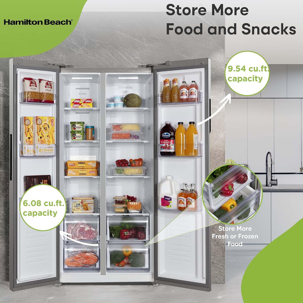 Hamilton Beach HBF1558 15.6 cu ft Counter Depth Full Size Refrigerator, Side Doors, Stainless