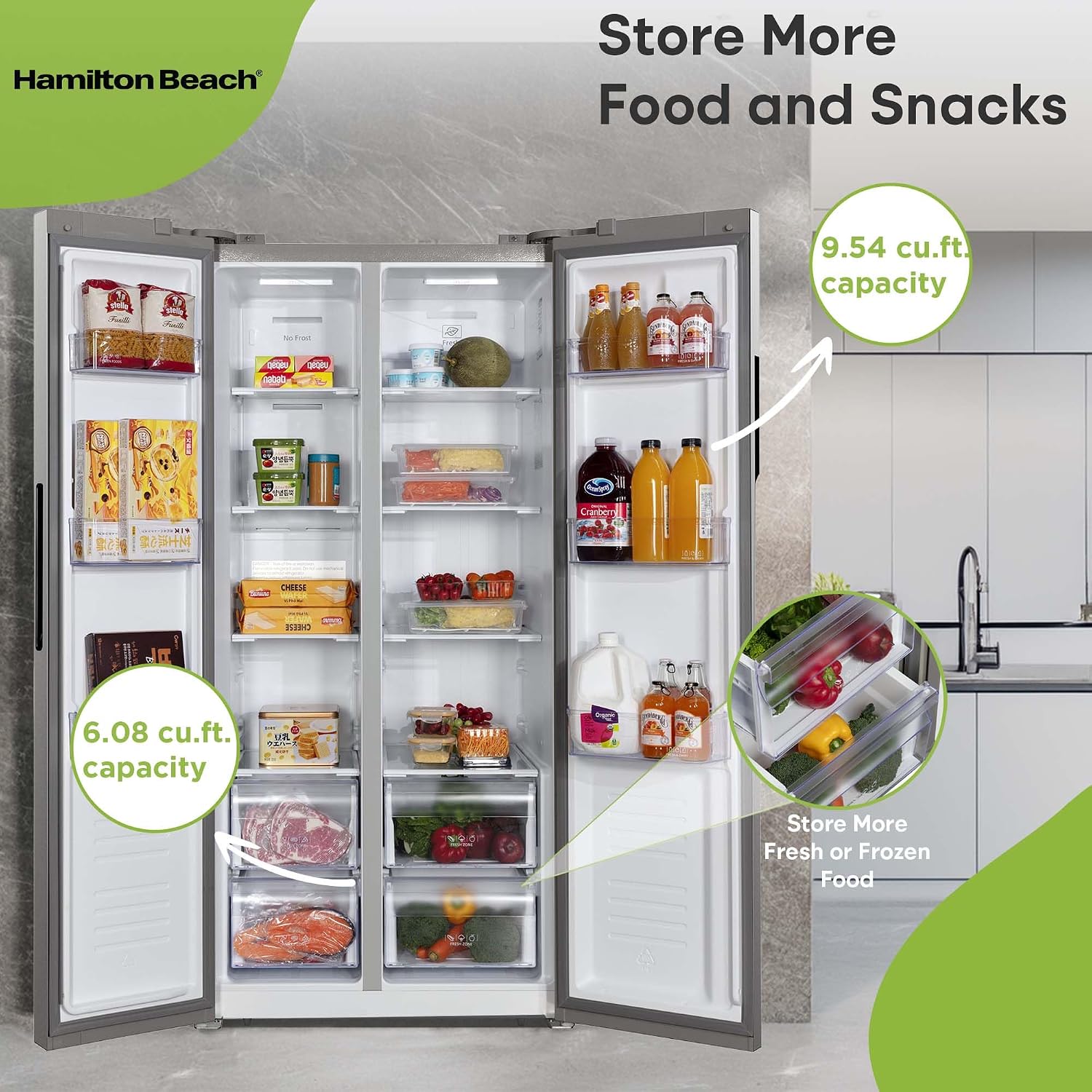 Hamilton Beach HBF1558 15.6 cu ft Counter Depth Full Size Refrigerator, Side Doors, Stainless