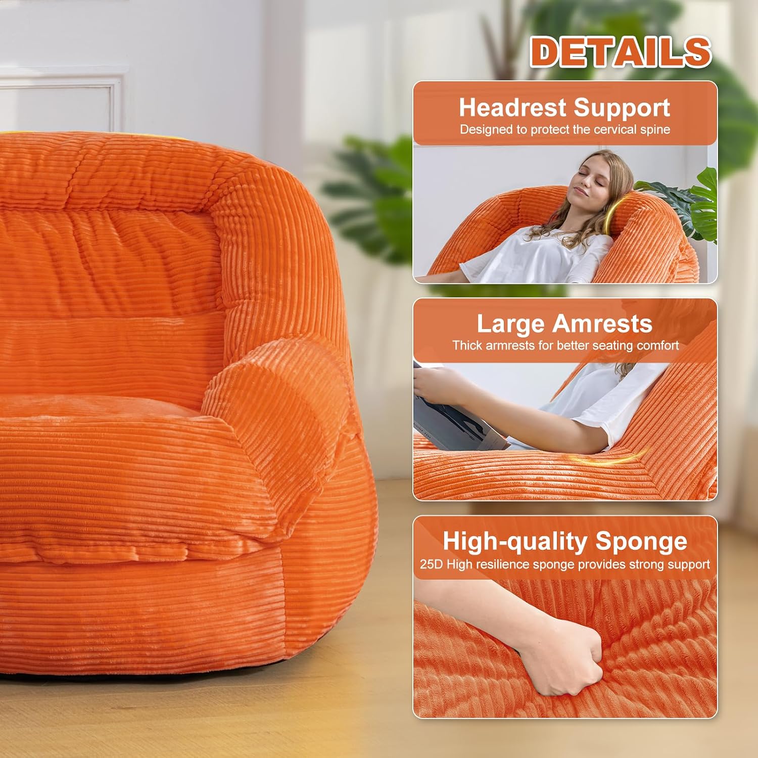 Giant Bean Bag Chair with Armrests - Oversized Cozy Seating for Adults, Corduroy Fabric & High - Density Foam Filling, Ideal Lounge for Living Room, Bedroom & Gaming Room (Orange)