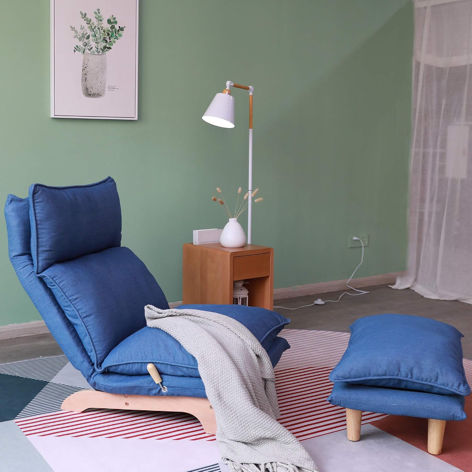 Dark Blue Lazy Floor Lounger with Ottoman, Adjustable Floor Chair Bean Bag Style Tatami Sofa with Thick Cushions and Back Support, Comfy Lounge Seating for Adults, Gaming & Bedroom Relaxation