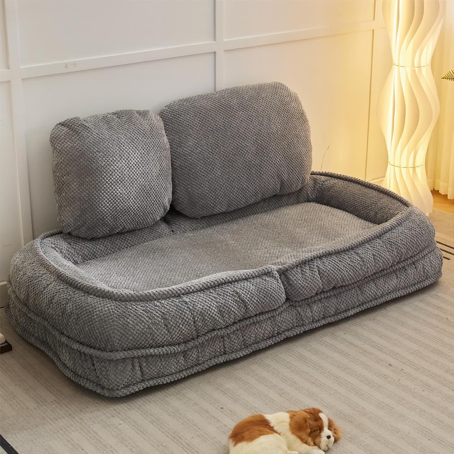 Floor Chair with Back Support, Folding Sofa Chair with 5 Adjustable Position, Plush Floor Gaming Chair, Meditation Chair for Lazy Boys, Human Dog Bed for Living Room, Bedroom, Lounge, Grey