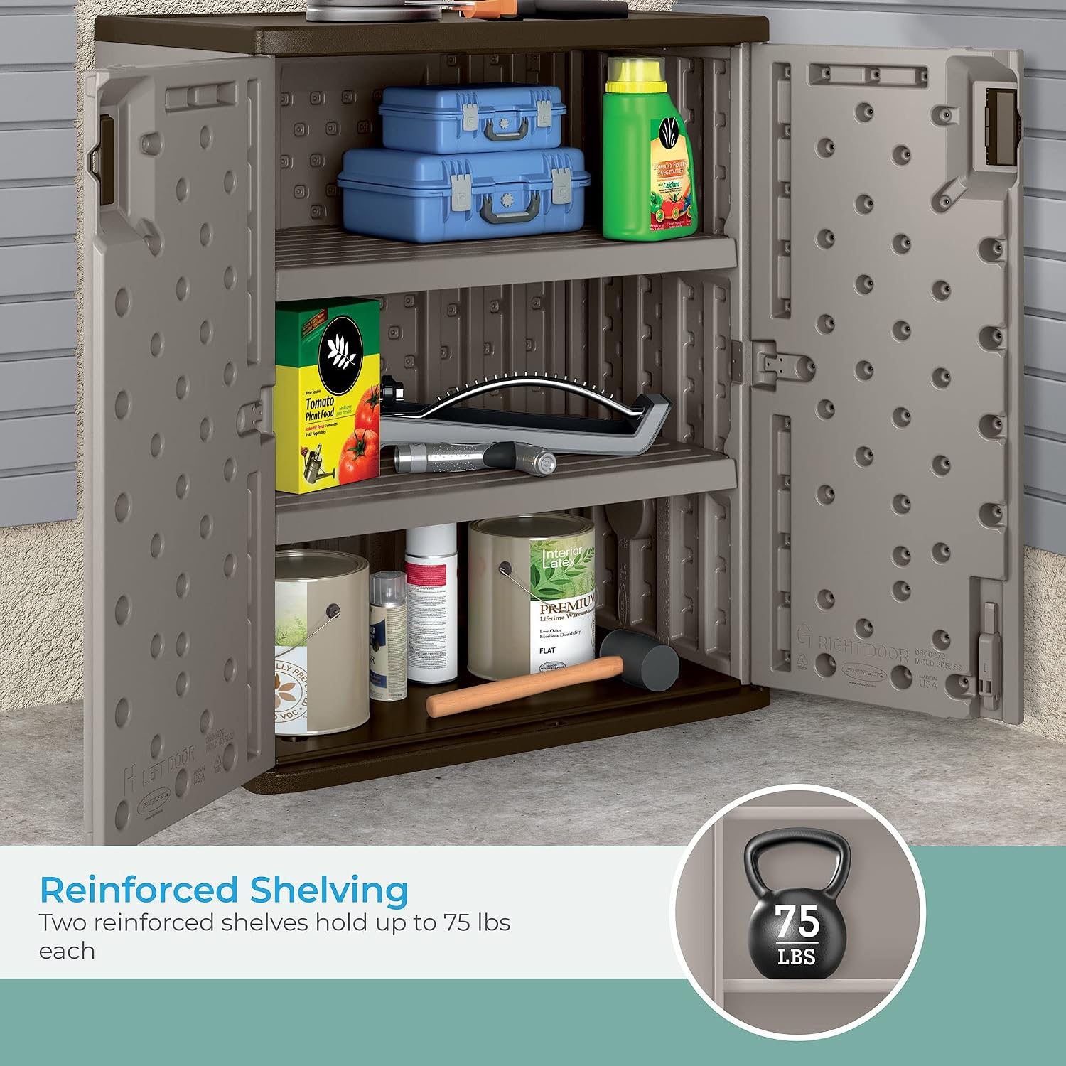 Suncast 30 Gallon Resin Outdoor Hideaway Patio Trash Can and Base Storage Cabinet Bundle