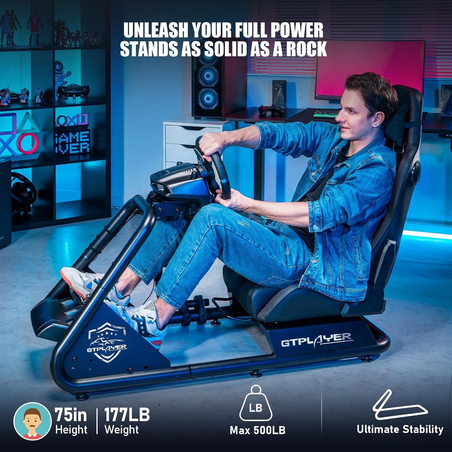 GTPLAYER Racing Simulator Cockpit with Seat and Bluetooth Speakers, Racing Style Reclining Seat and Ultra-Sturdy Alloy Steel Frame (Black)
