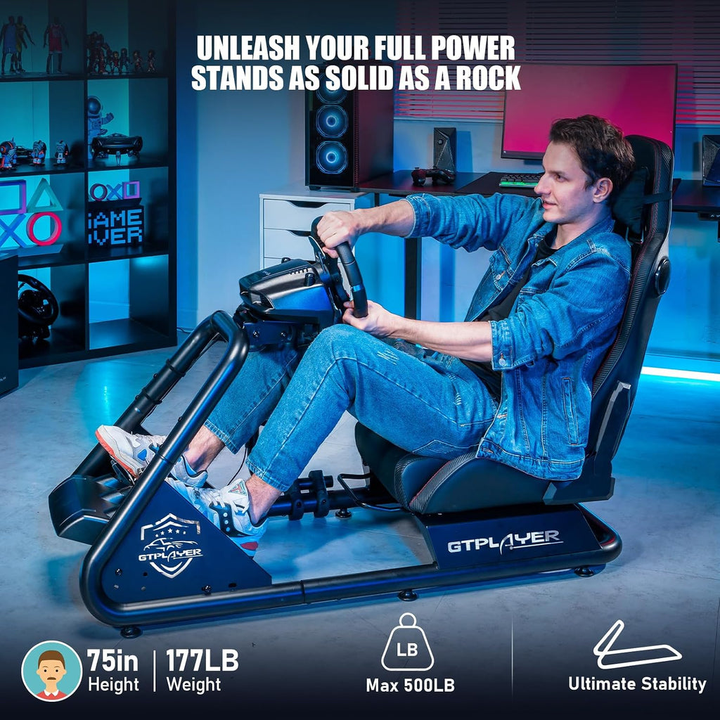 GTPLAYER Racing Simulator Cockpit with Seat and Bluetooth Speakers, Racing Style Reclining Seat and Ultra-Sturdy Alloy Steel Frame (Black)