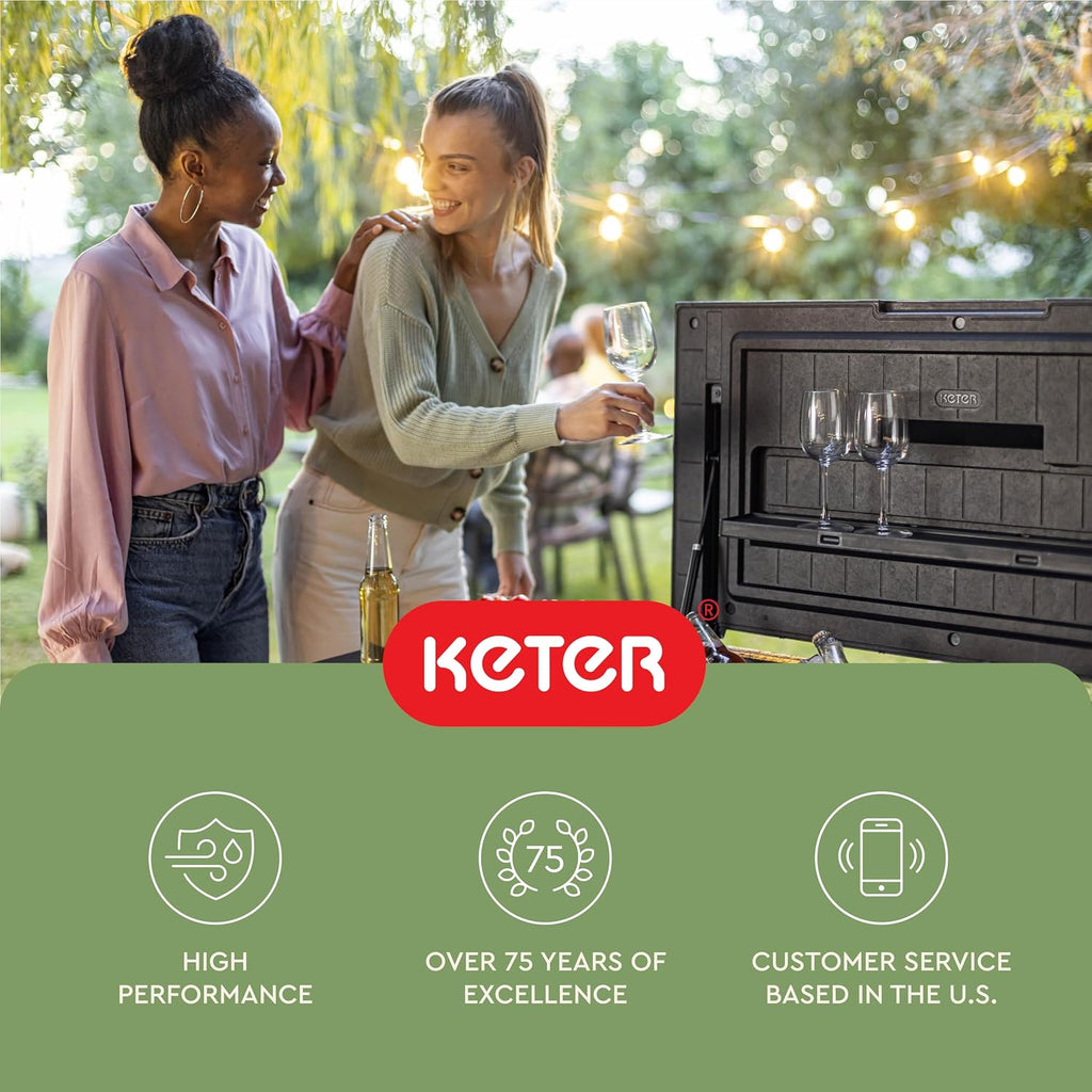 Keter 89.8 Qt Portable Outdoor Patio Cooling Chest, Ice Chest Beverage Party Bar Cart Table with Swivel Wheels, Shelves, and Bottle Opener, Graphite