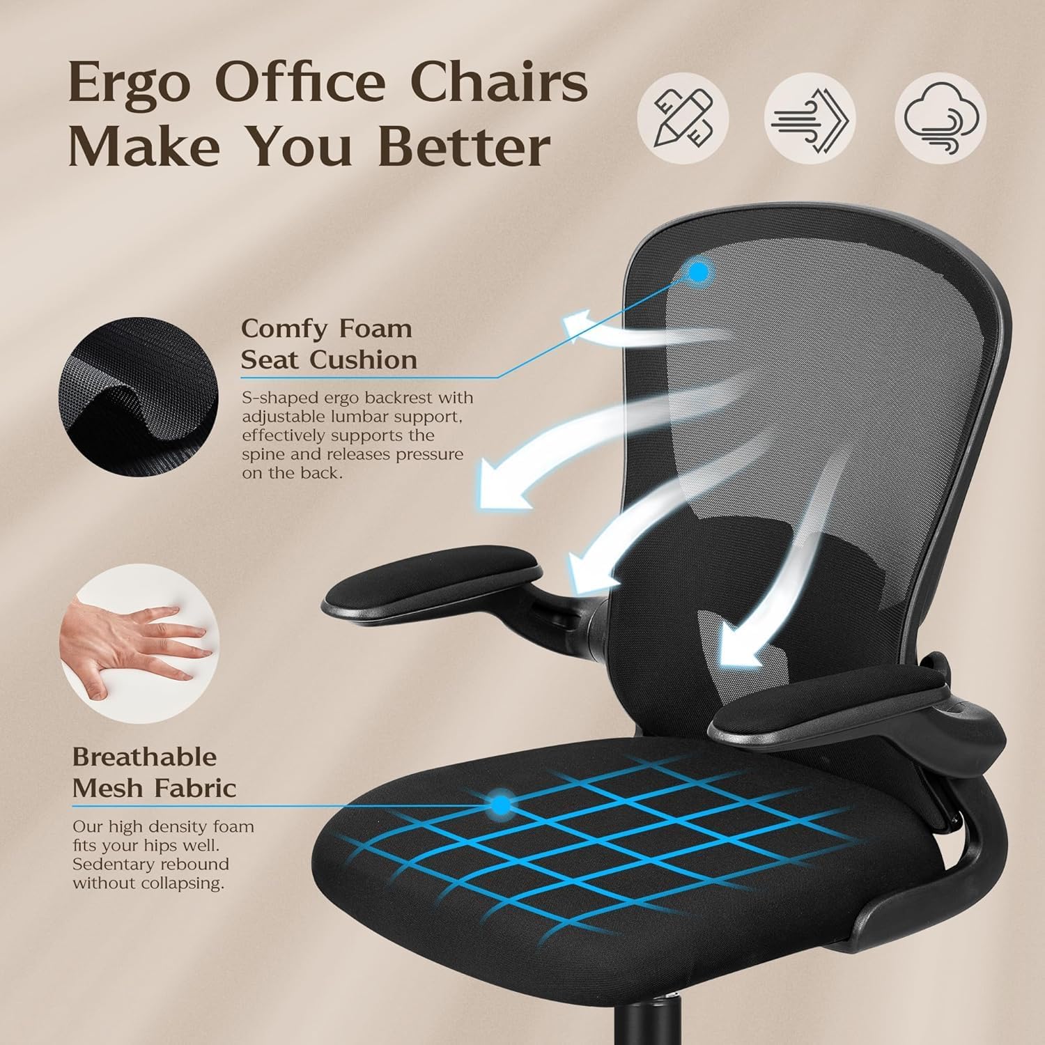 FelixKing Office Desk Chairs, Ergonomic PC Desk Chair with Wheels, Adjustable Lumbar Support and Height, Swivel Computer Chair with Flip-up Armrests and Ergo Mesh Backrest(Black, Pack of 8)