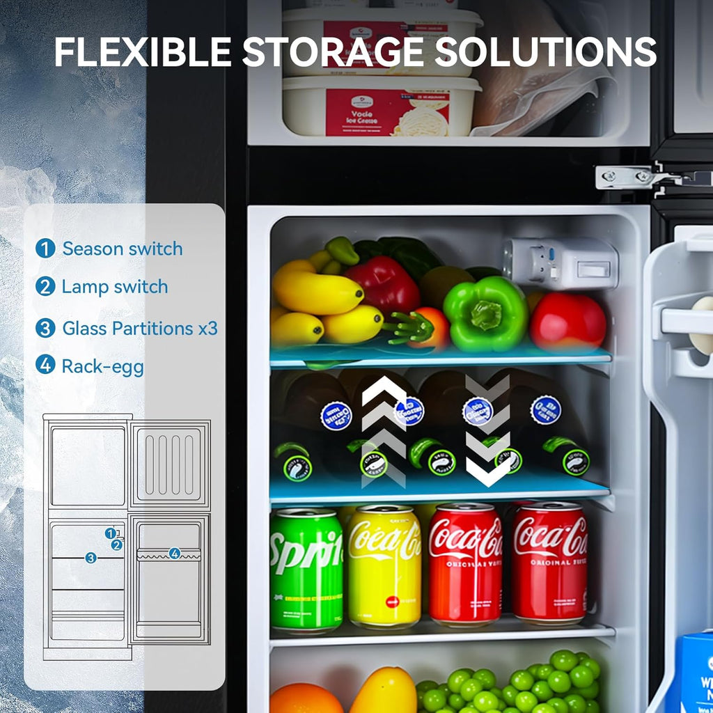 Anypro 4.0 Cu.Ft Fridge with Freezer, Double Door Refrigerator with 6 Level Thermostat, LED Light, Adjustable Glass Shelves for Bedroom, Office, Dorm, Apartment, Silver