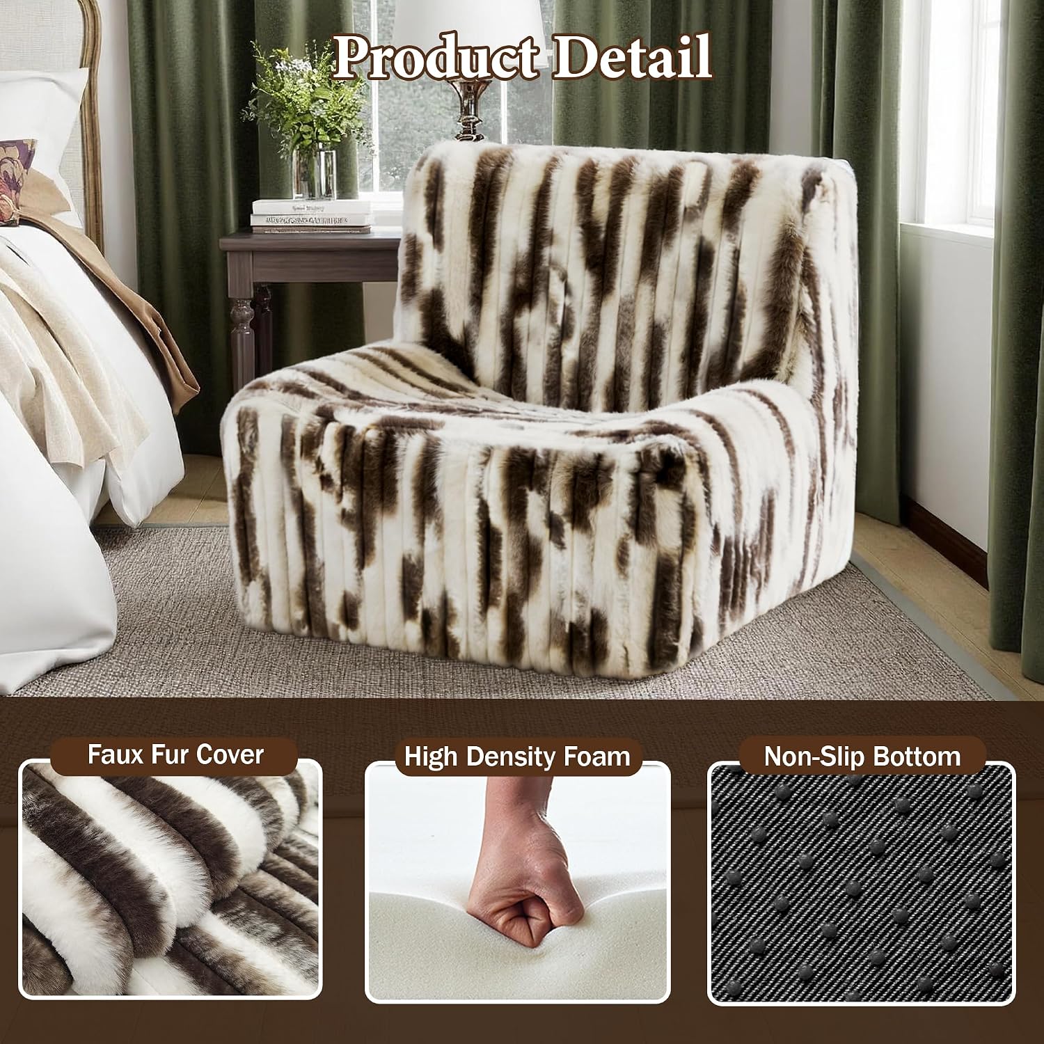 Trenda 32'' Comfy Bedroom Chair for Adult, Boneless Space-Saving Accent Chairs with Spacious Seating, Soft Faux Fur, Ideal Floor Couch for Living Room,College, Dorm to Reading (White& Brown)