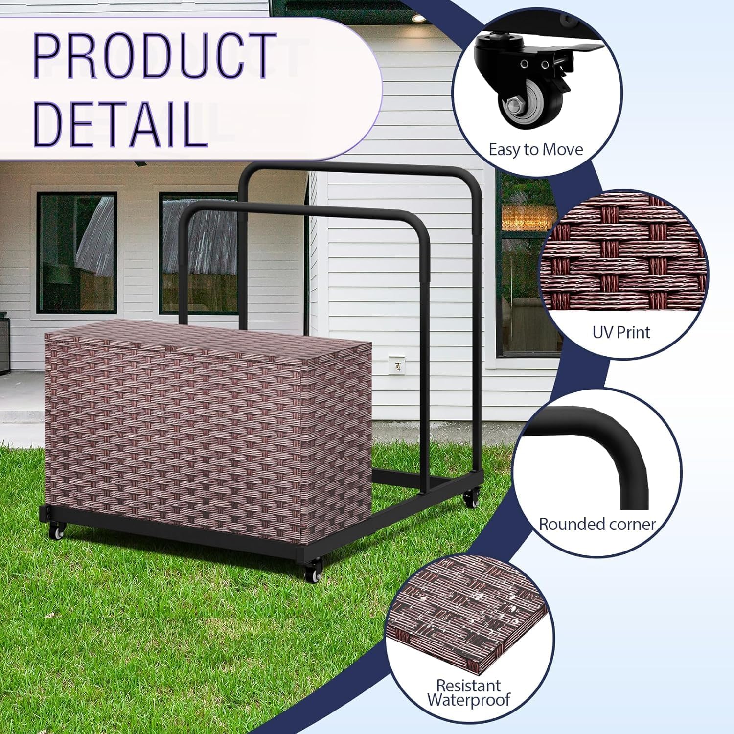 FONTOI Pool Storage, All-Weather Float Storage Organizer for Cushions, Pool Float Storage Bin with Wheels, Waterproof Metal with Rattan Pattern UV Print Outdoor Pool Towel Rack, Brown