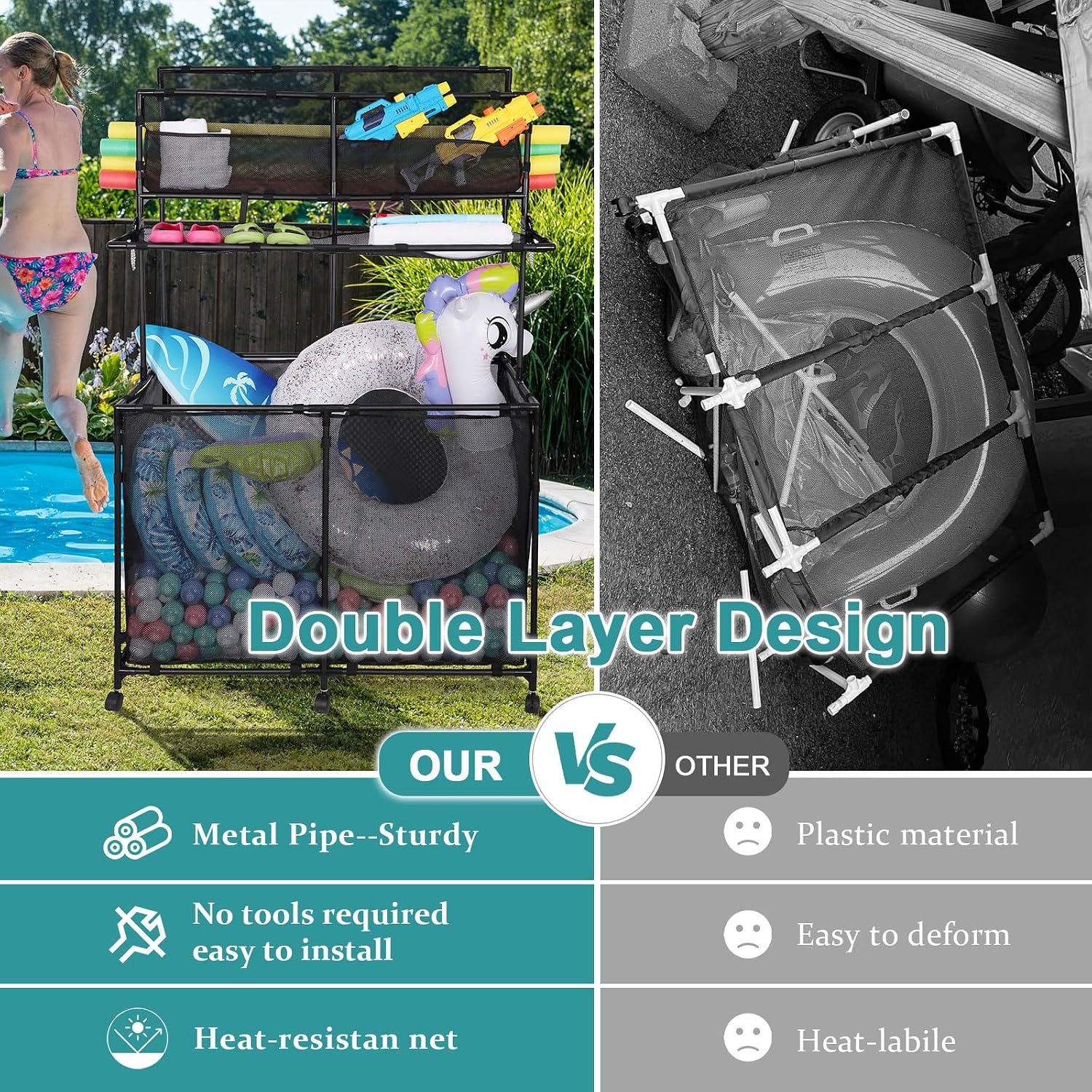 Pool Storage bin,Poolside Storage Organizer,Double Deck,Holder for Outdoor, Pool, Patio, Garden,Organizer for Toys, Floats, and Swimming Equipments,2-Size (Medium)