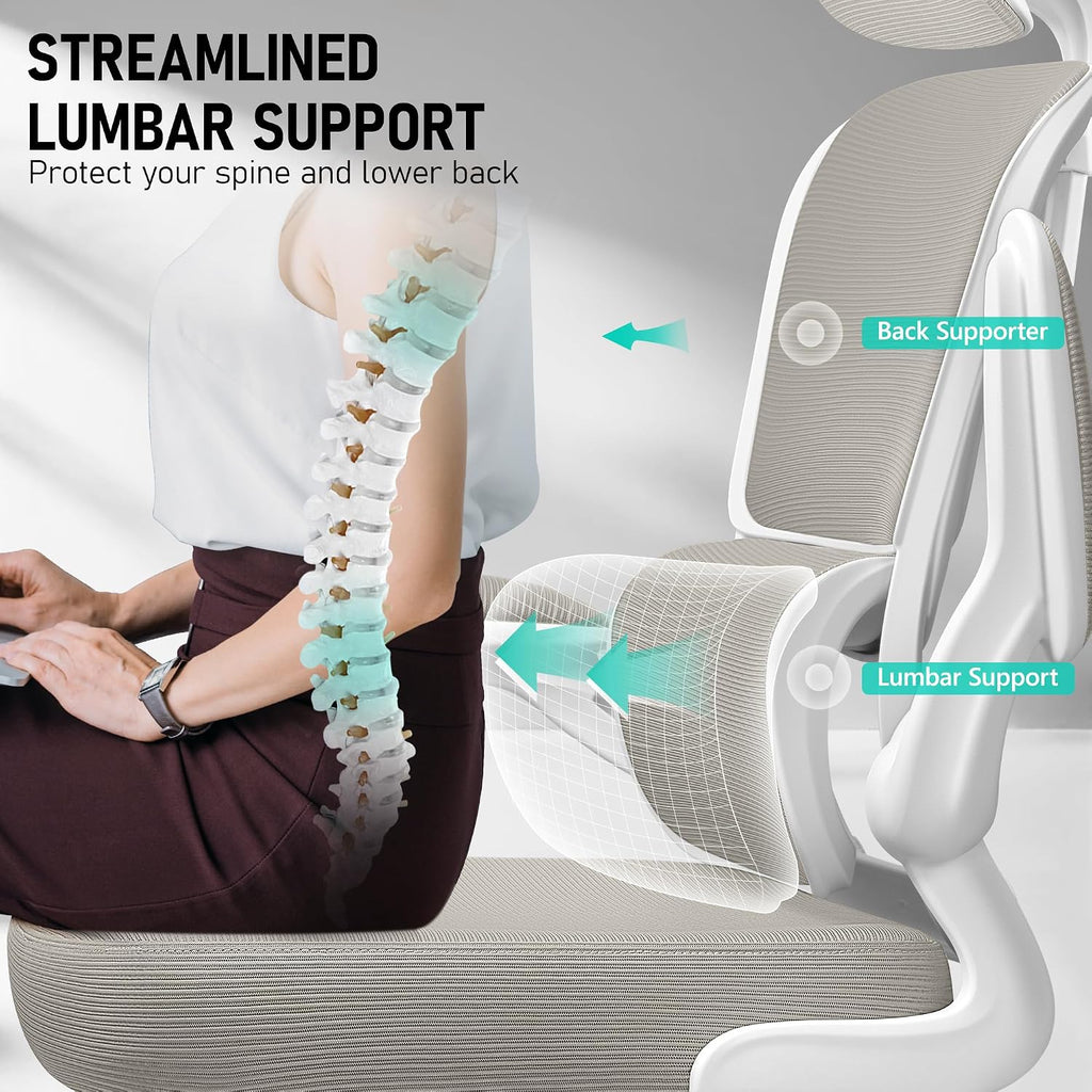 BESTFAIR High Back Ergonomic Office Chair, Breathable Mesh Desk Chair with Lumbar Support, Adjustable Headrest, Flip-up Armrests, Computer Gaming Chair, (LightGray)