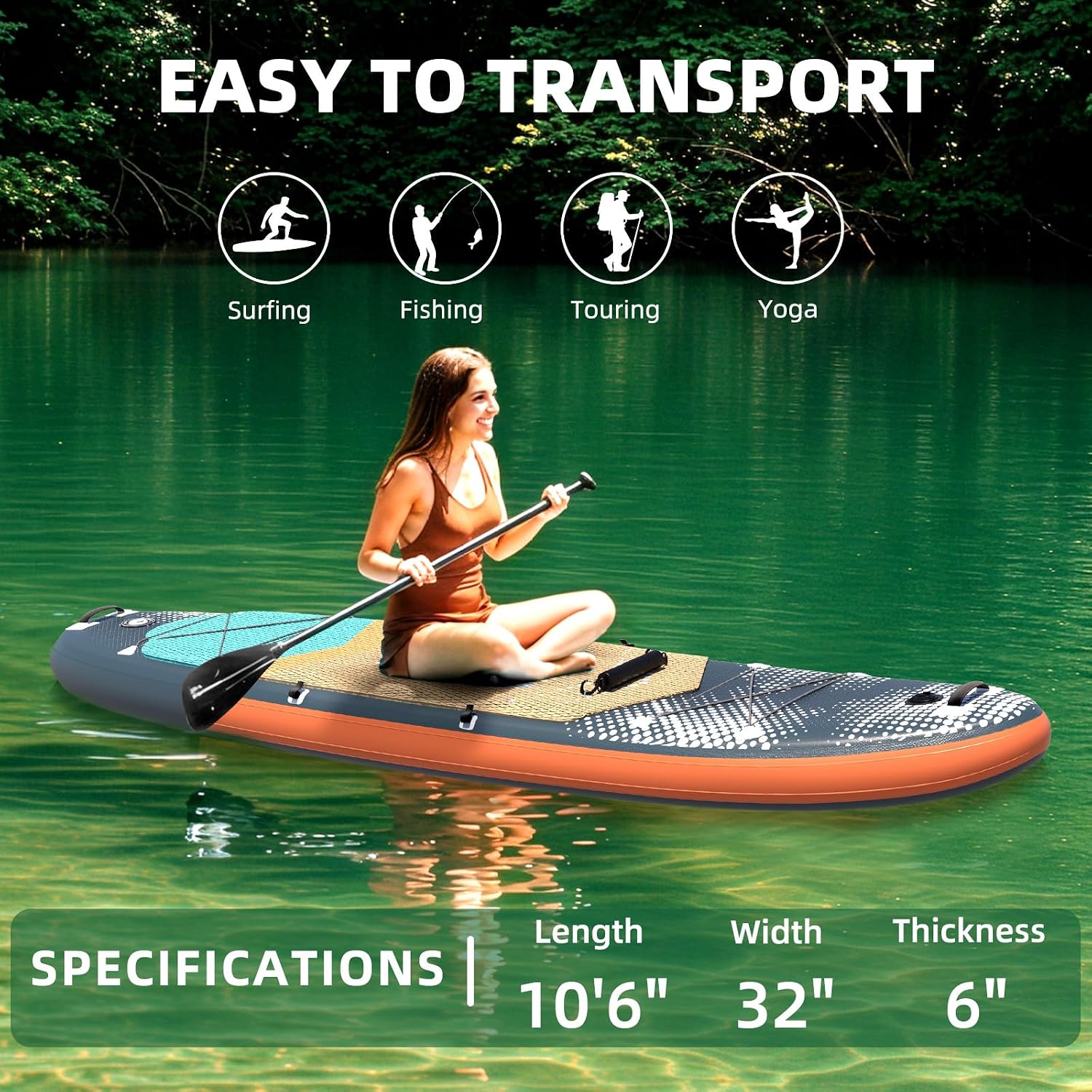Inflatable 10.5' Stand Up Paddle Board with Strapped Seat, Premium SUP Board Kit, Includes Paddle, Pump, Backpack, Waterproof Bag, Perfect for Yoga, Fishing, and Surfing, Dark Blue & Red